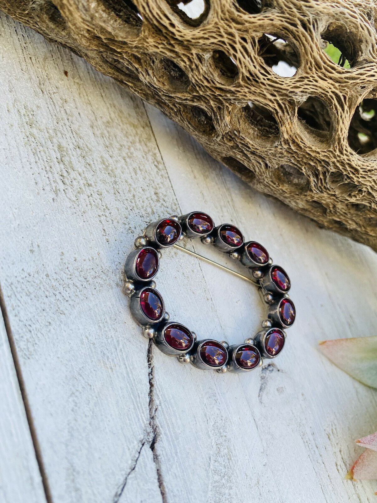 Handcrafted Vintage Garnet Sterling Silver Brooch Signed