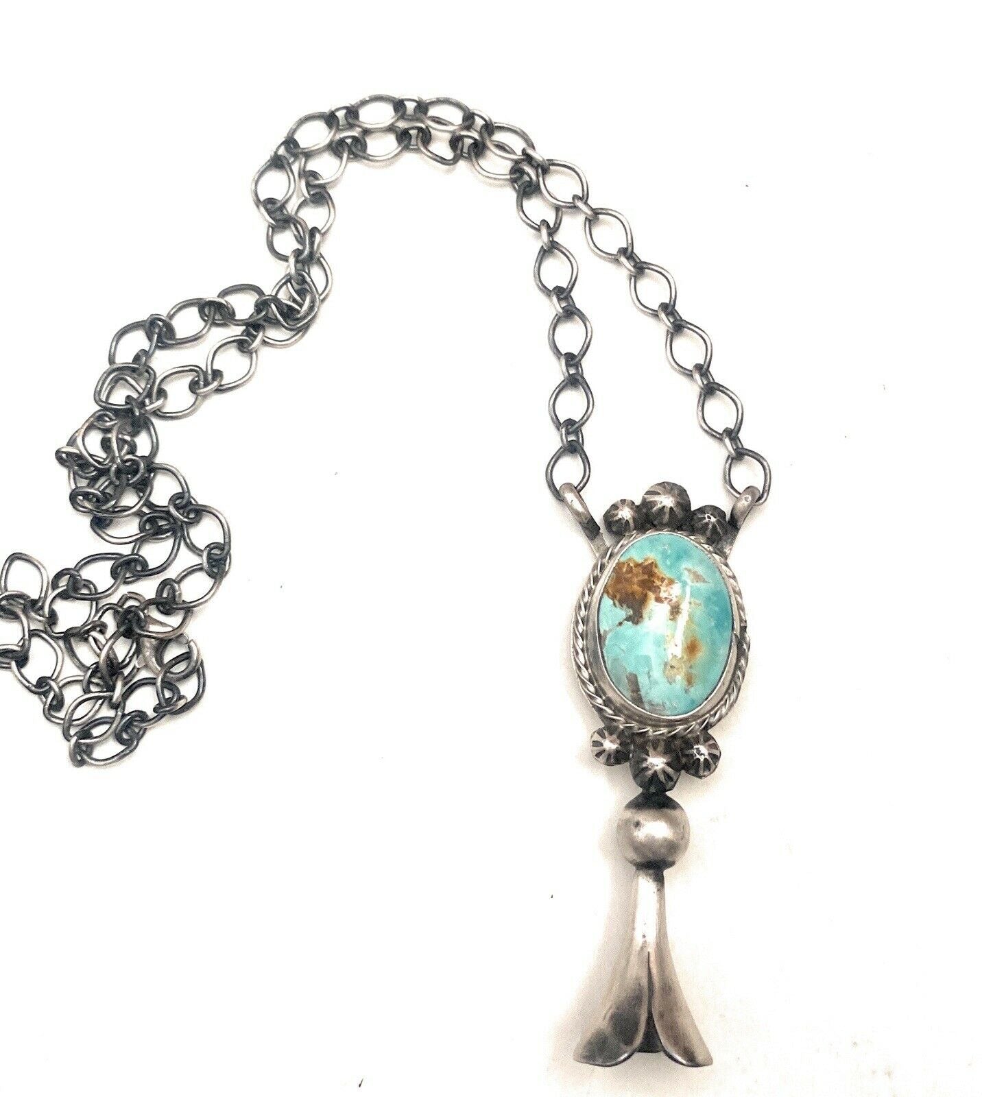 Handcrafted Sterling Silver & Royston Turquoise Blossom Necklace Signed