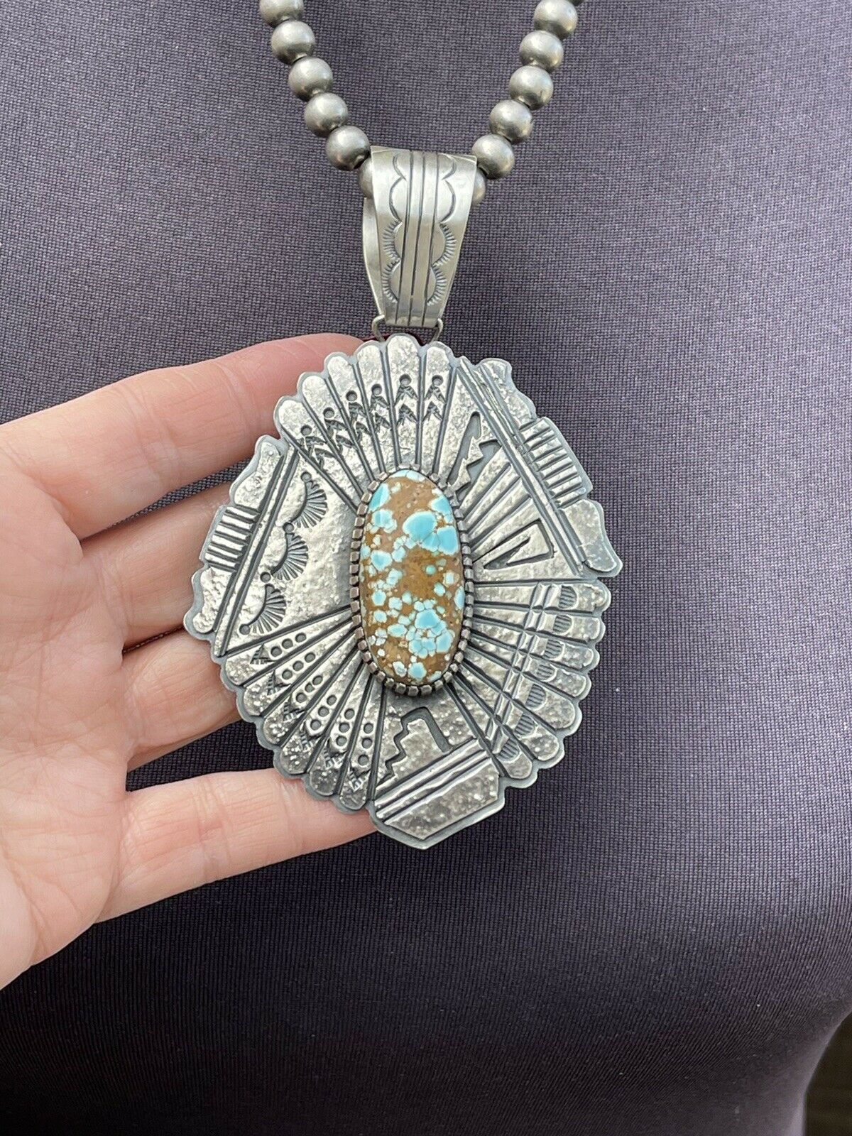 Handcrafted Number 8 Turquoise & Sterling Tufa Cast Jumbo Pendant Signed