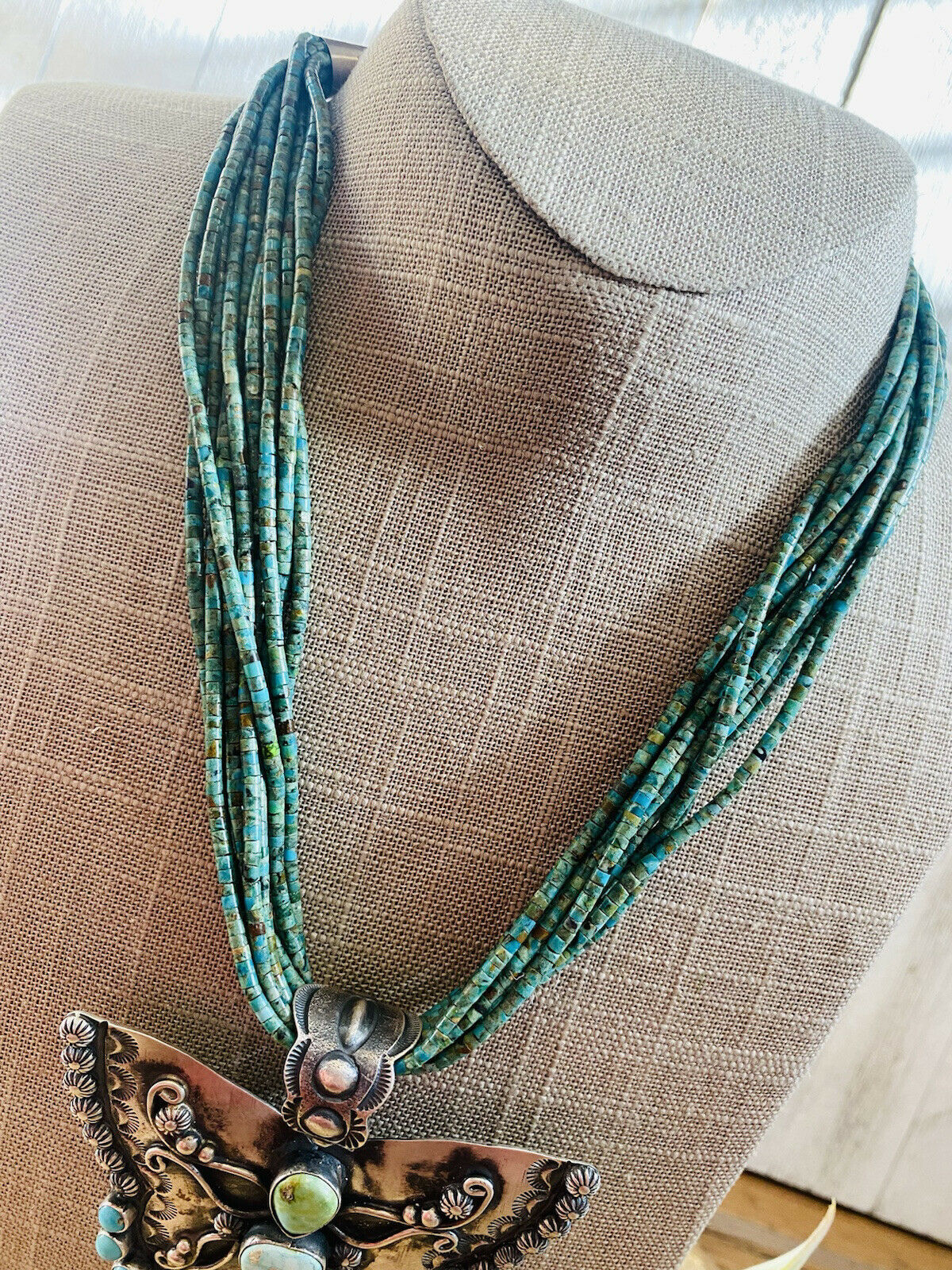 Handcrafted Sonoran Mountain Turquoise & Sterling Silver Butterfly Necklace Signed