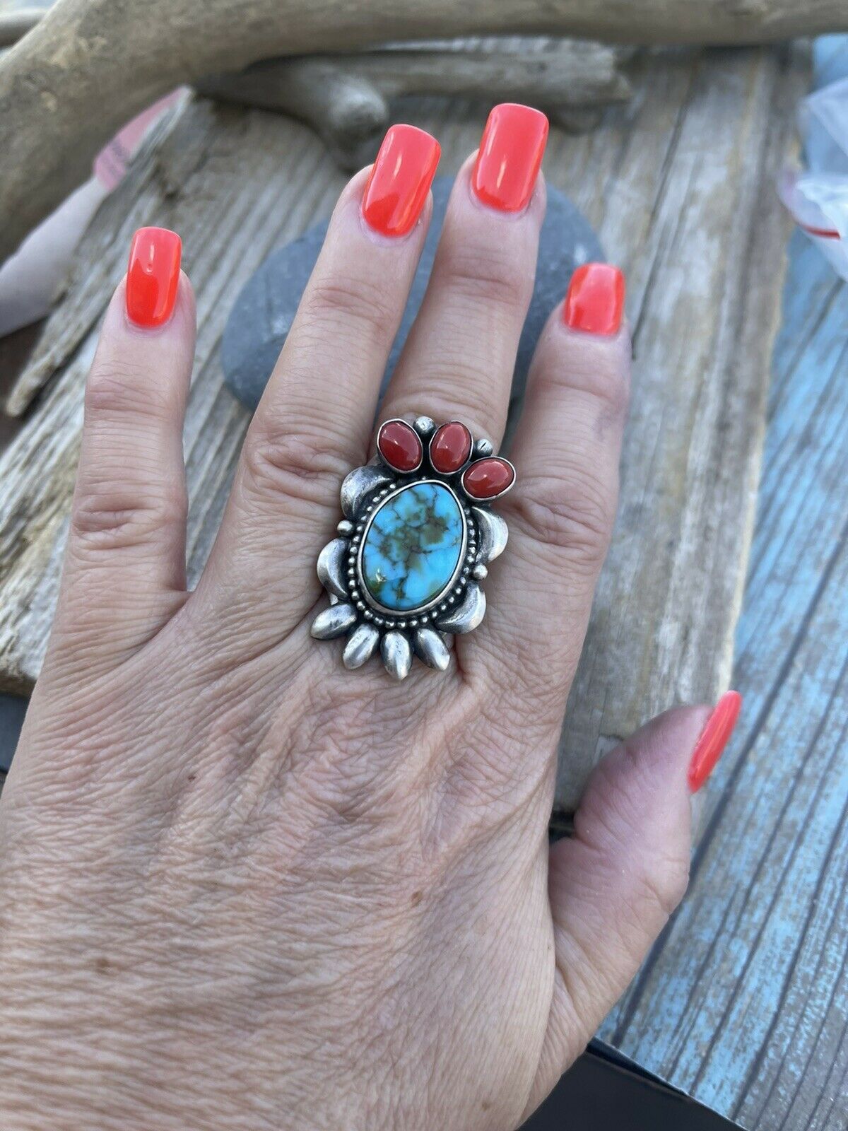 Handcrafted Sterling Silver Kingman Web Turquoise & Red Coral Taos Collection Ring Sz 6