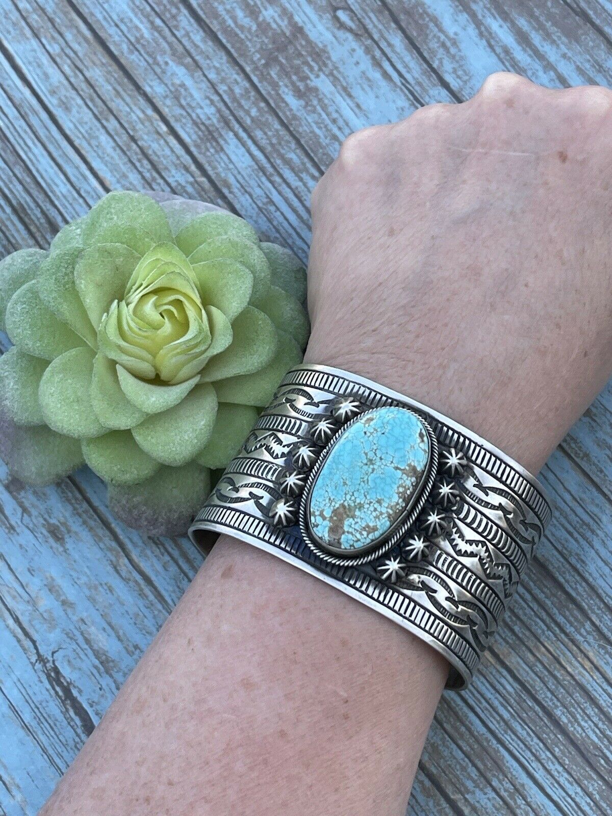 Handmade Sterling & Number 8 Turquoise Signed Cuff Signed Danny Clark