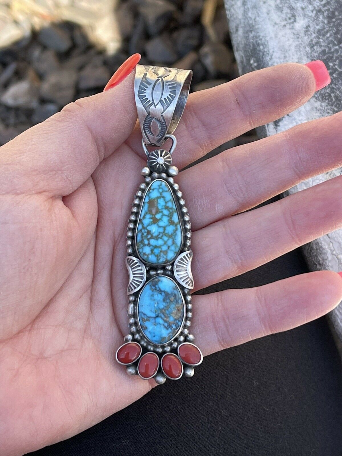 Handcrafted Sterling Kingman Web Turquoise & Red Coral Taos Pendant Danny Clark