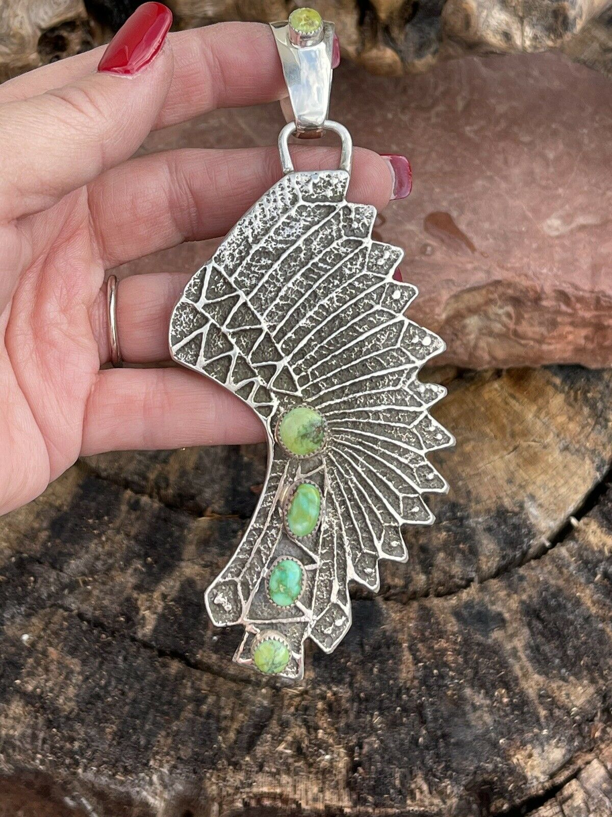 Handcrafted Sterling Silver Sonoran Gold Turquoise 4 Stone Indian Chief Pendant
