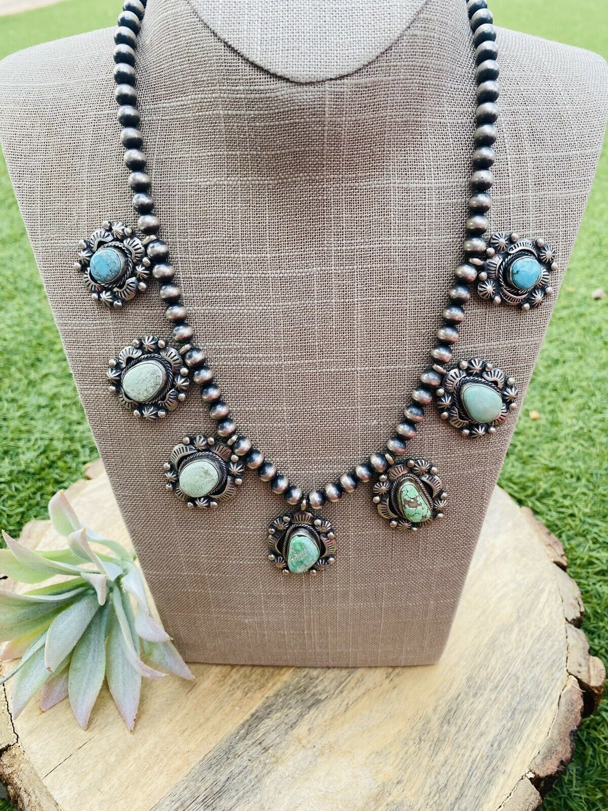 Handcrafted Carico Lake Turquoise & Sterling Silver Necklace Signed