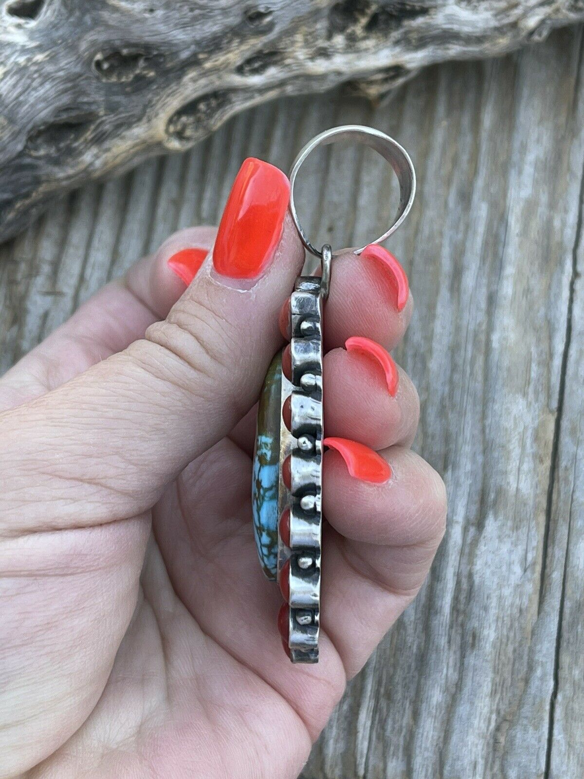 Handcrafted Sterling Silver Kingman Web Turquoise & Red Coral Taos Cluster Pendant