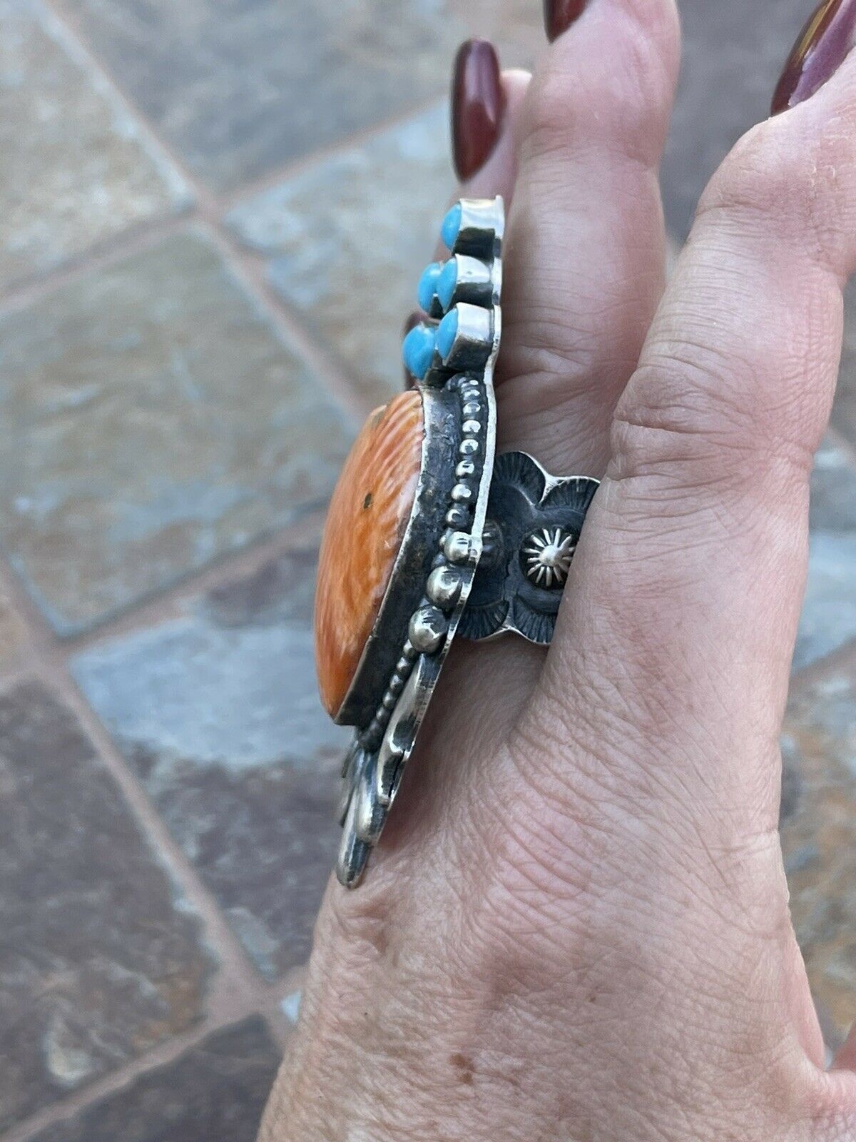 Handcrafted Sterling Silver Orange Spiny Heart & Turquoise Ring Sz 8