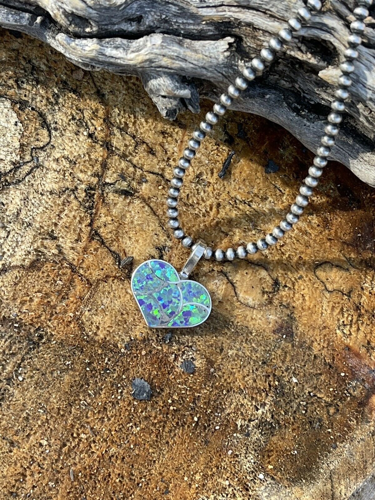 Handcrafted Iridescent Green Opal & Sterling Silver Heart Pendant