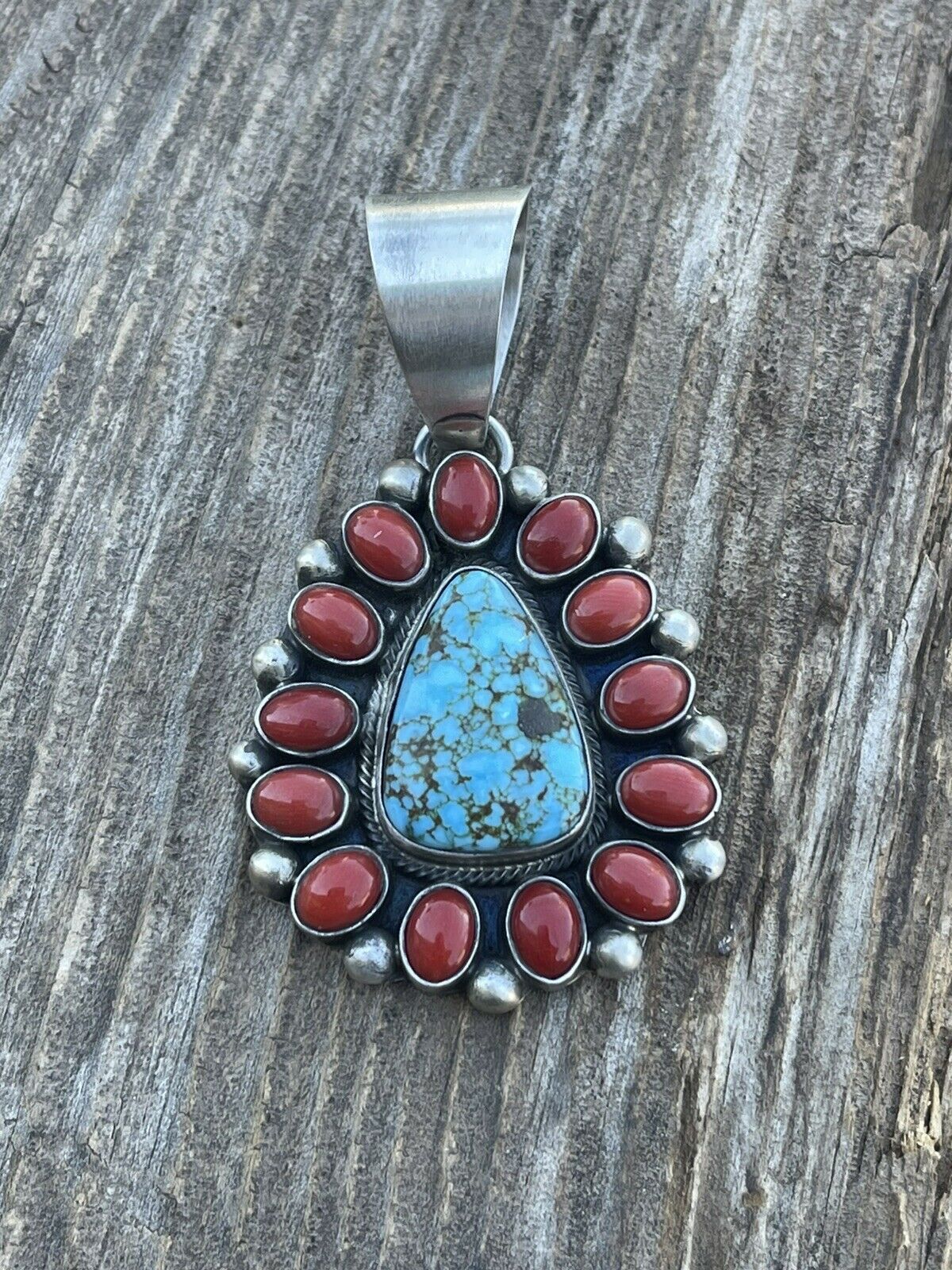 Handcrafted Sterling Kingman Web Turquoise & Red Coral Taos Pendant Kathleen Chavez