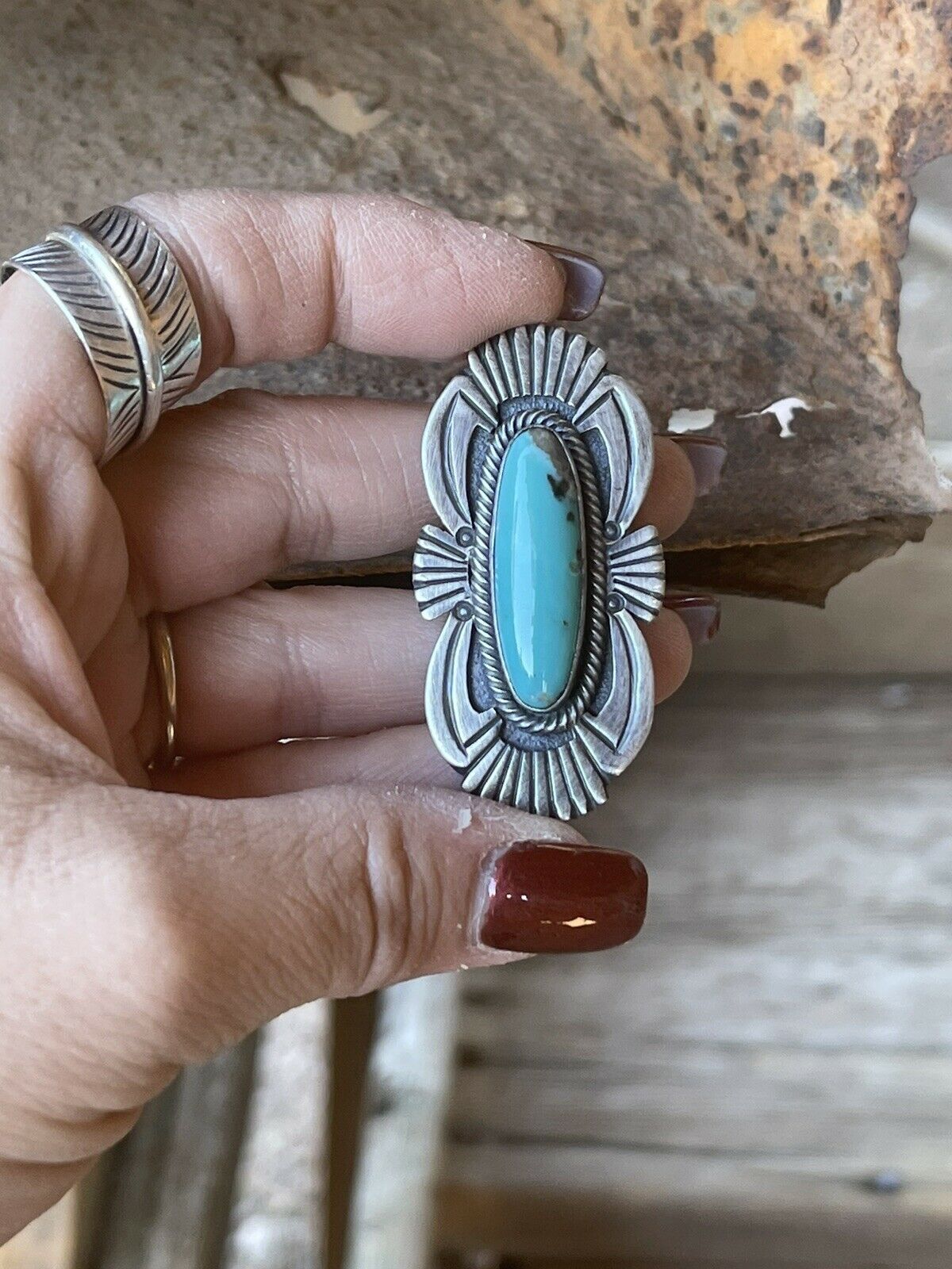 Handcrafted Turquoise & Sterling Silver Navajo Deco Ring Size 7.5