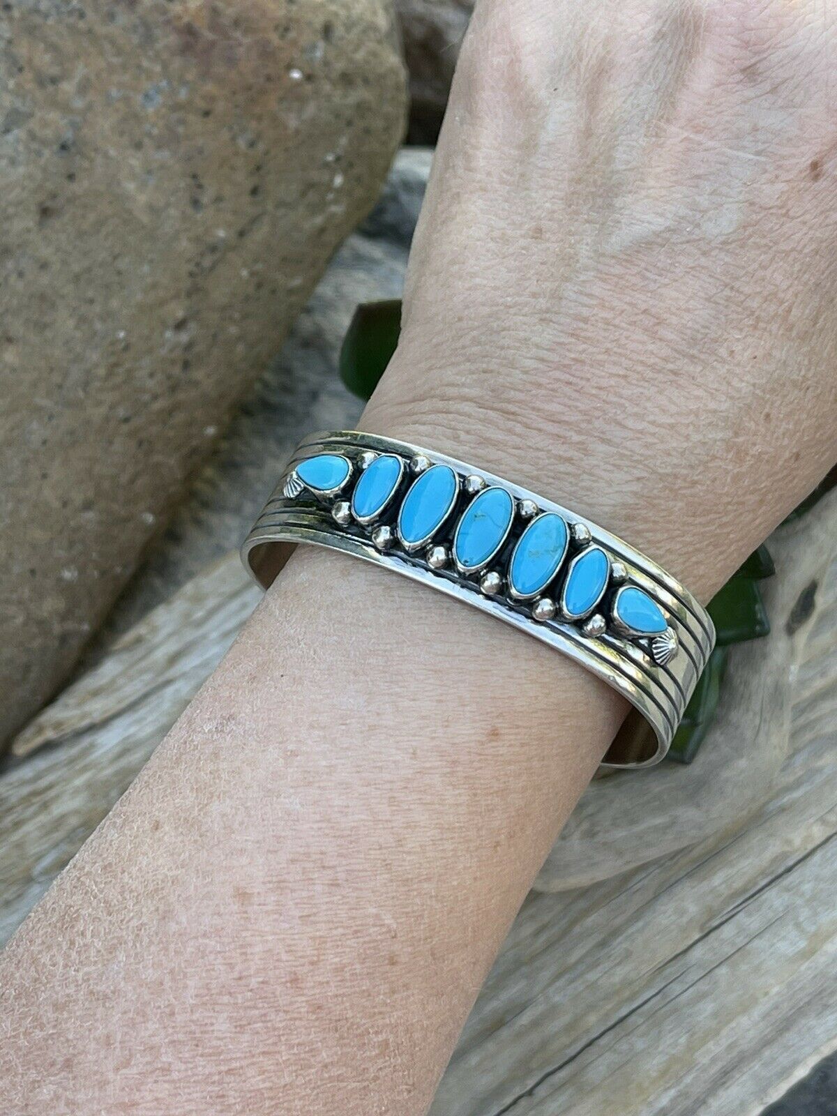 Handcrafted Sterling & Kingman Turquoise Stacker Cuff Bracelet Artist R. Bennett /