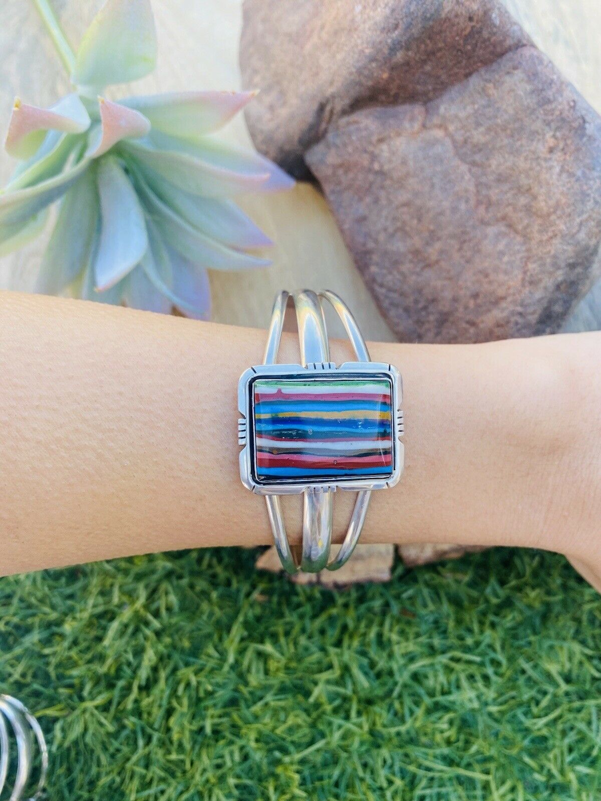 Handcrafted Sterling Silver & Rainbow Rectangle Cuff Bracelet