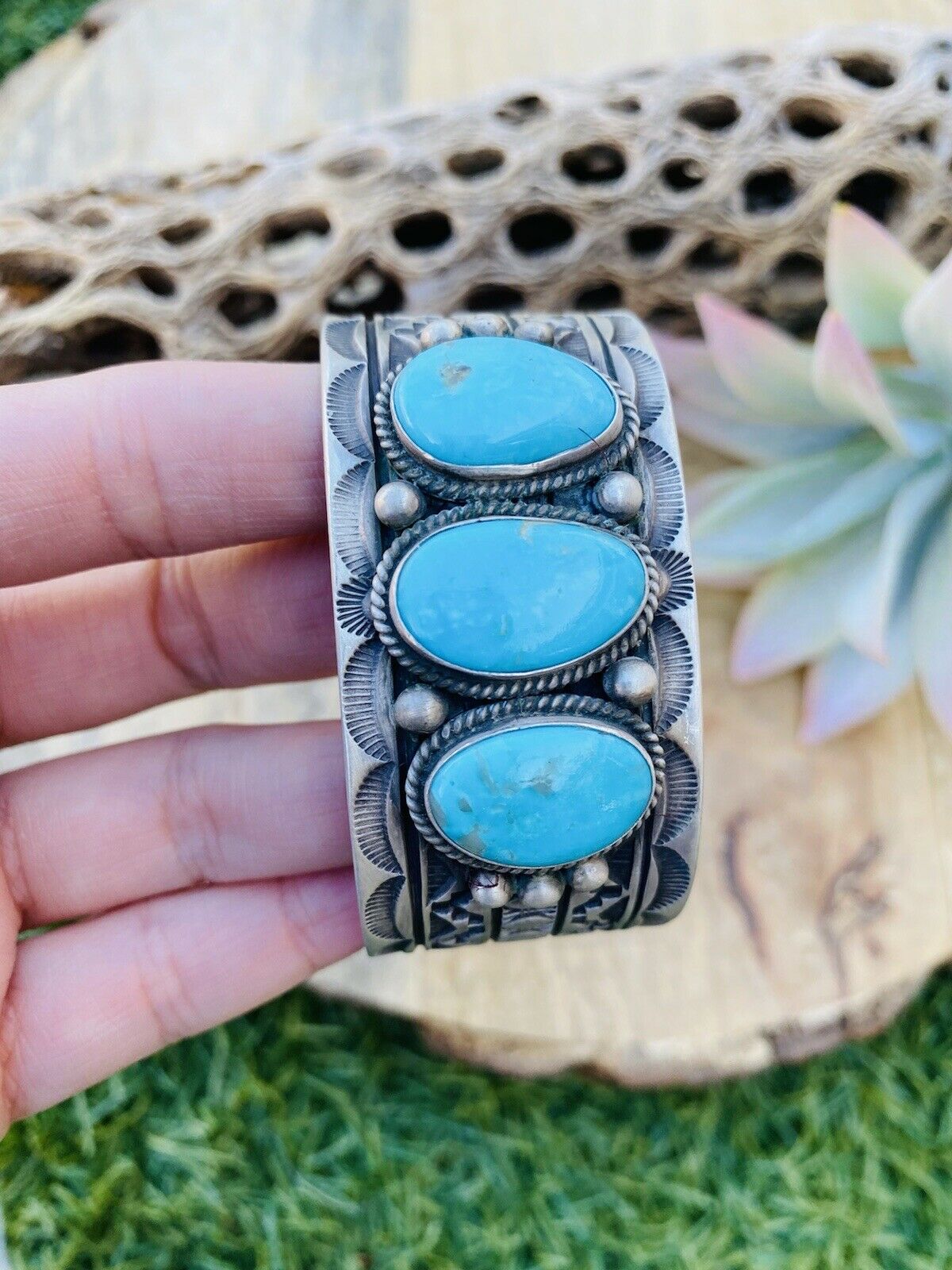 Handcrafted Vintage Turquoise & Sterling Silver Hand Stamped Cuff Bracelet /