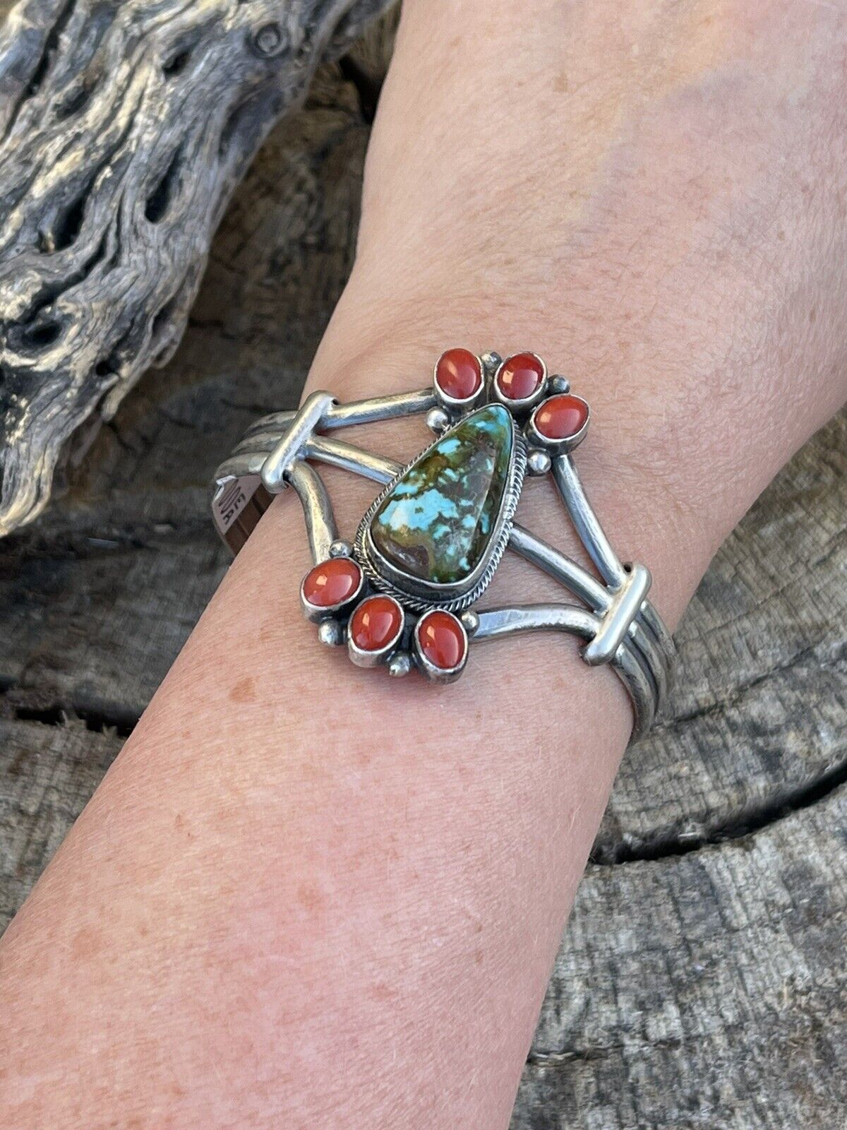 Navajo Sterling Kingman Web Turquoise & Red Coral Taos Bracelet Cuff by Bobby Johnson /