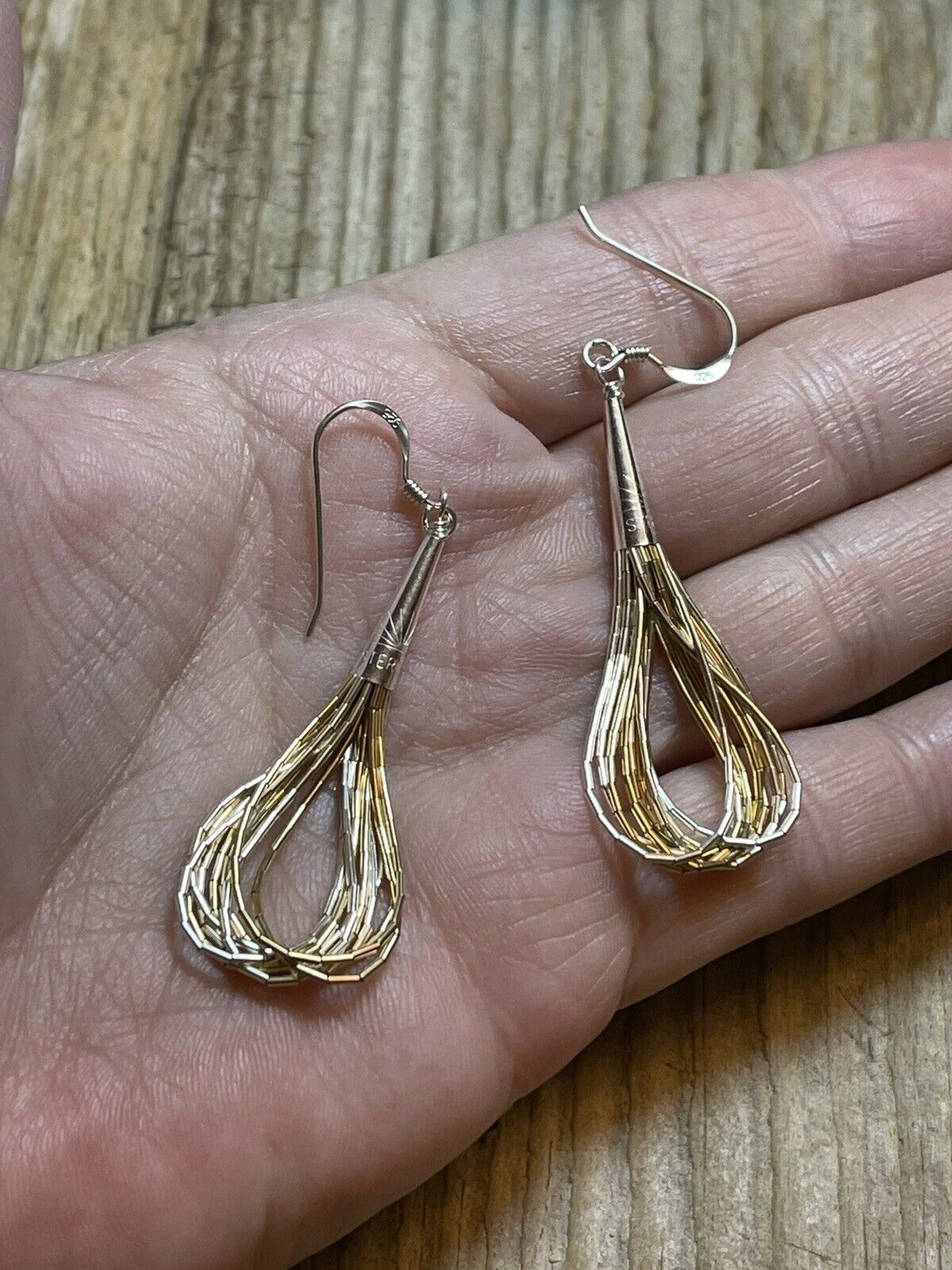 Handcrafted Delicate Sterling Liquid Silver Two Tone Dangle Earrings