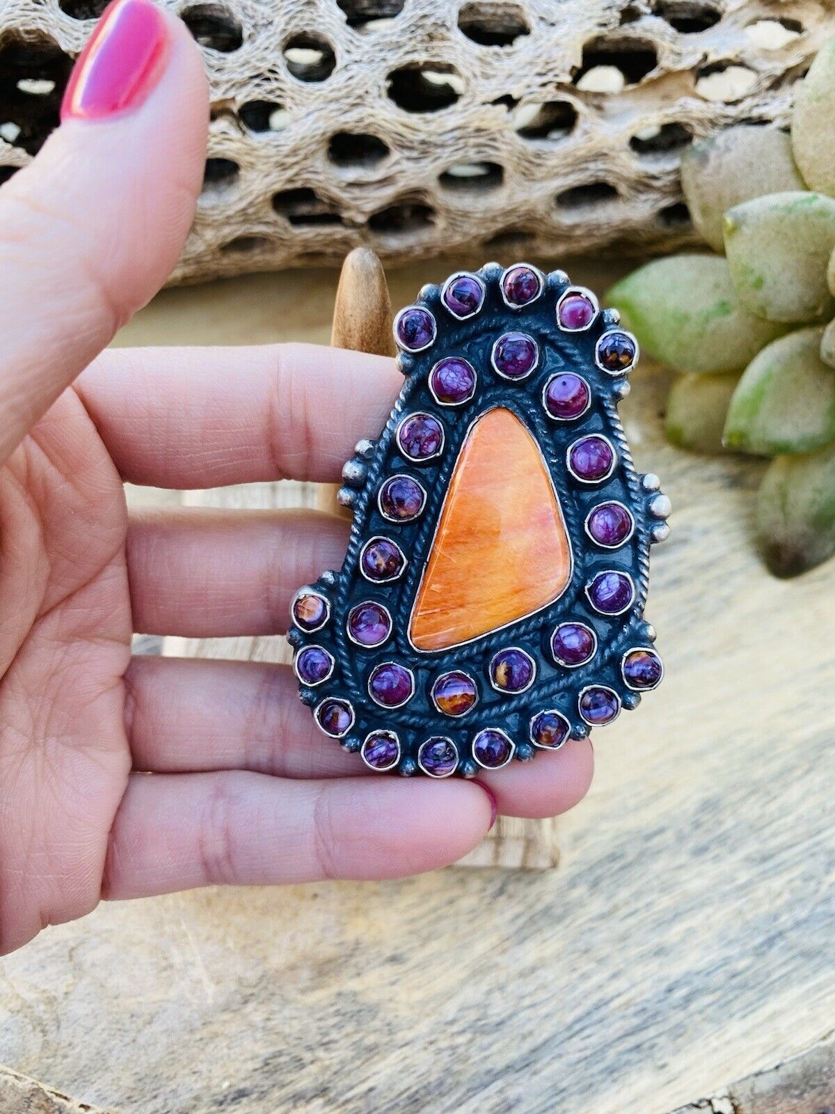 Handcrafted Sterling Silver & Purple & Orange Spiny Cluster Ring Size 7.5