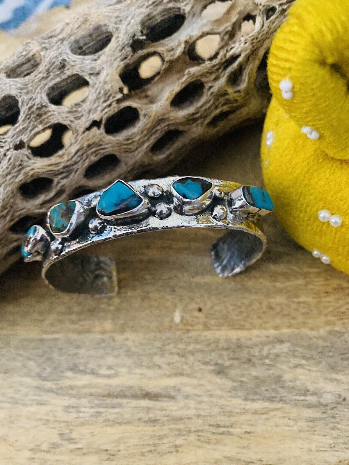 Navajo Turquoise & Sterling Silver Cuff Bracelet Signed NF