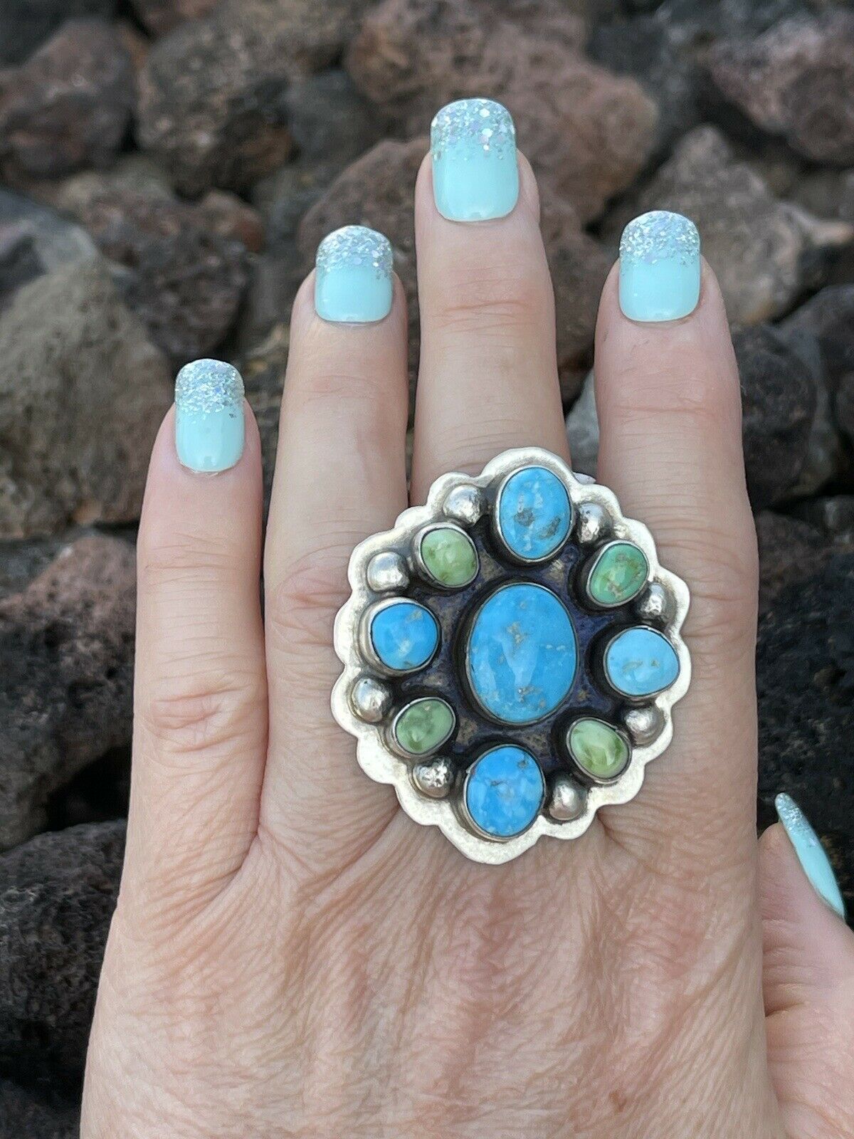 Navajo Sterling Sonoran Gold And Golden Hills Turquoise Cluster Ring Size 8.5