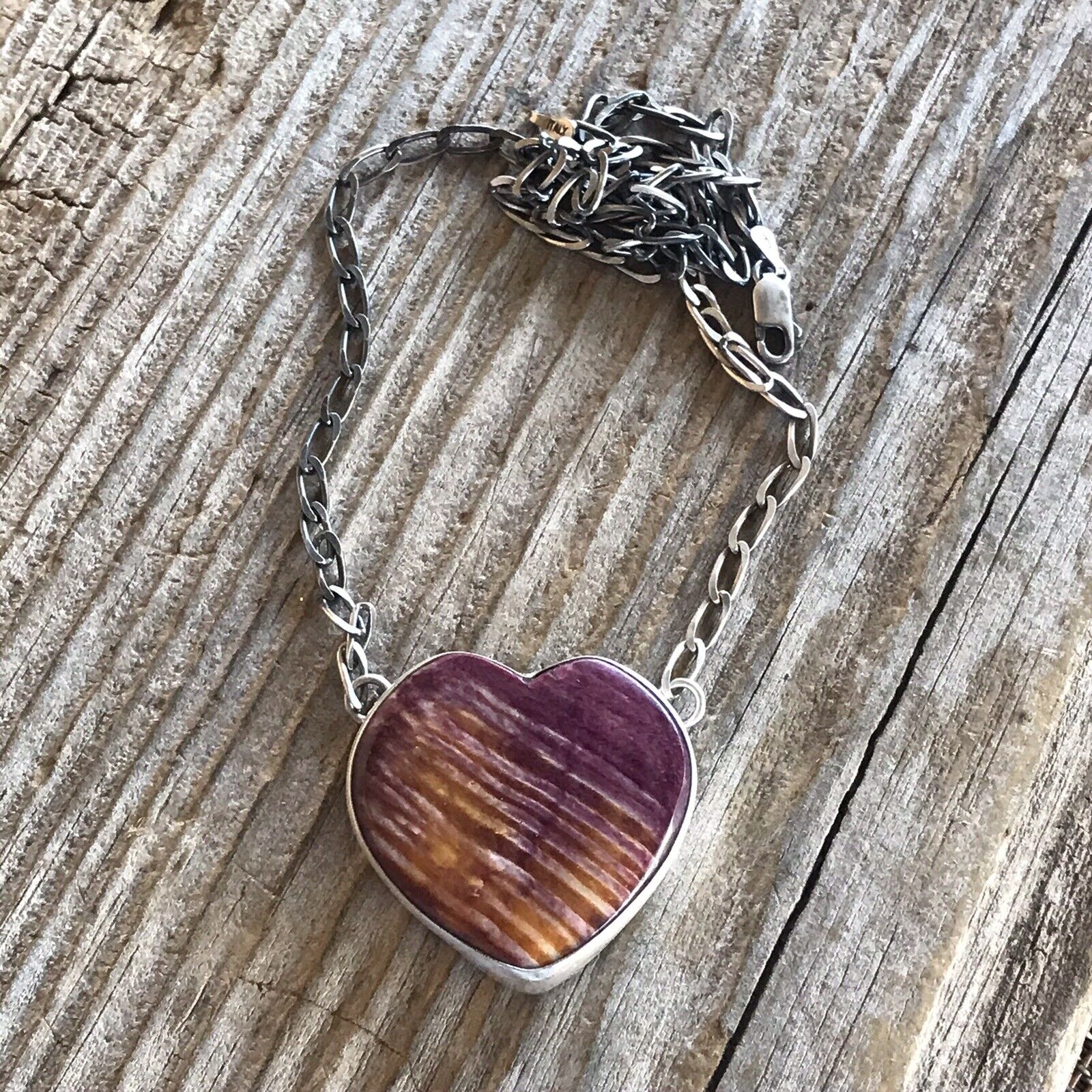 Handcrafted Purple Spiny And Sterling Silver Heart Necklace Signed