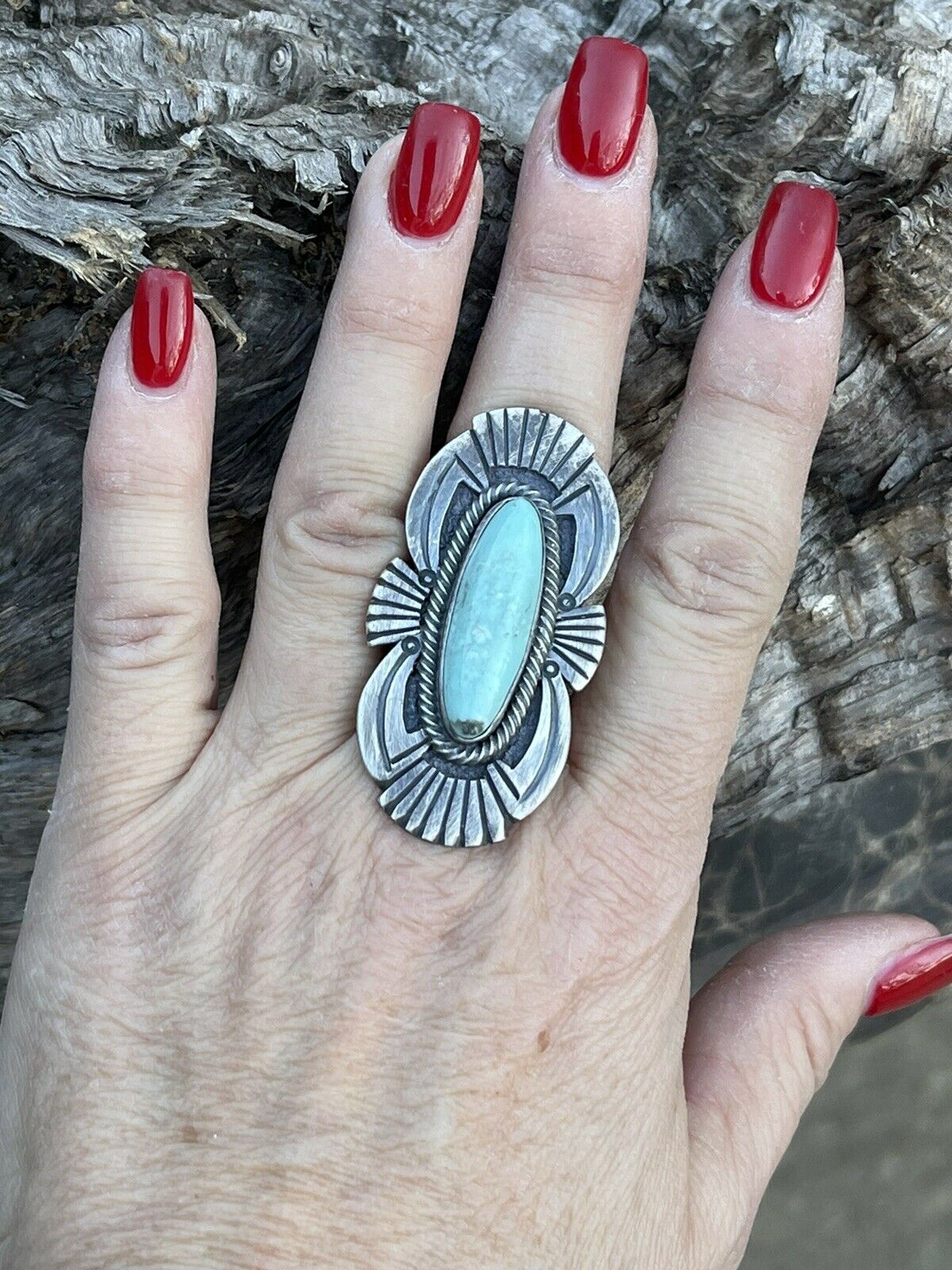 Handcrafted Sterling Silver Turquoise Nouveau Statement Ring Sz 8