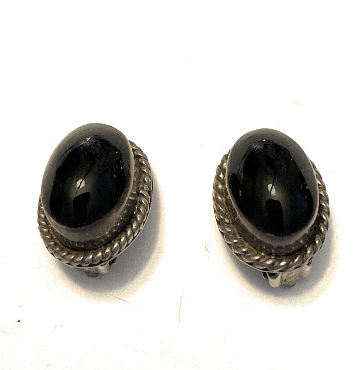 Handcrafted Vintage Sterling Silver Black Onyx Oval Clip On Earrings Signed