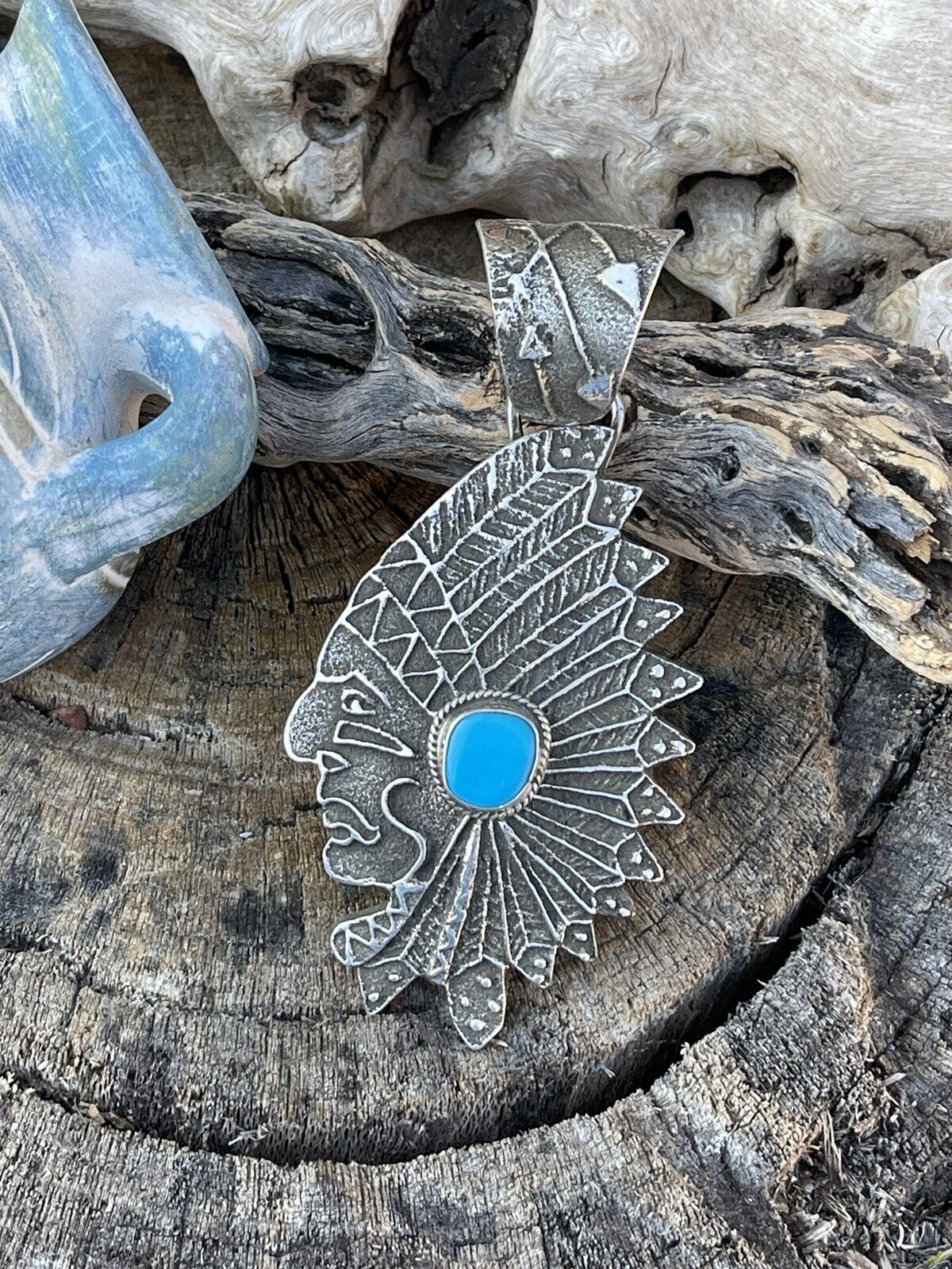 Handcrafted Sterling Silver & Kingman Turquoise Indian Chief Sand Cast Pendant Sign