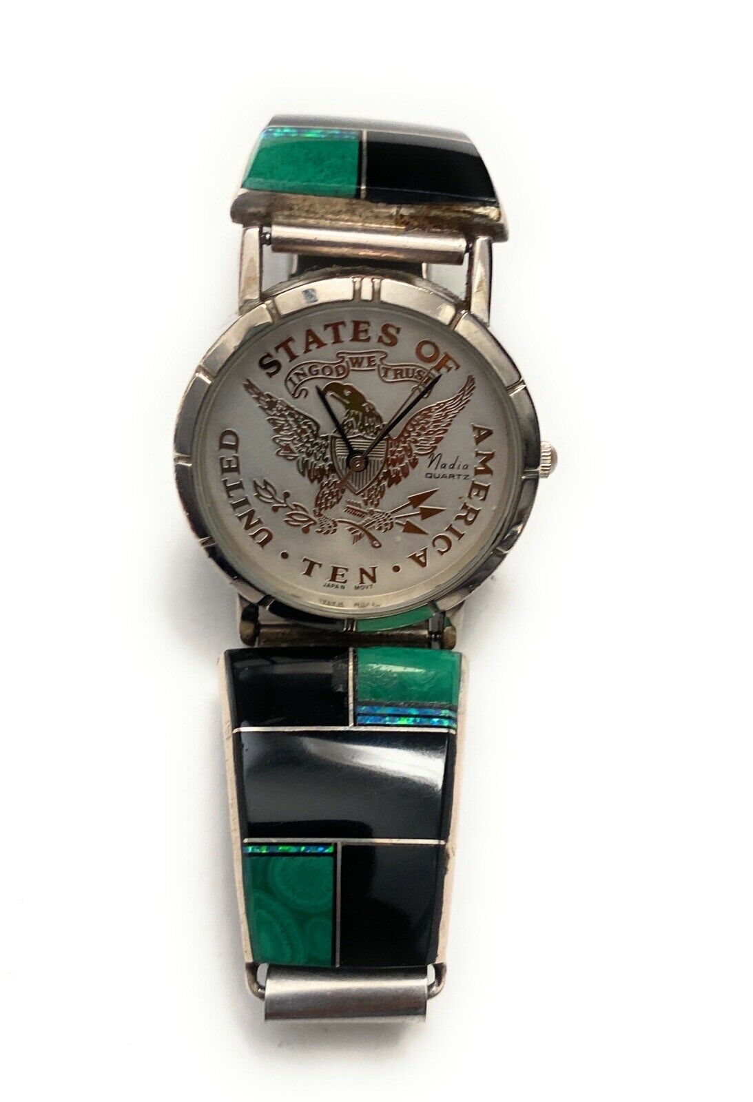 Handcrafted Old Pawn Vintage Onyx, Malachite, Opal & Sterling Silver Inlay Watch