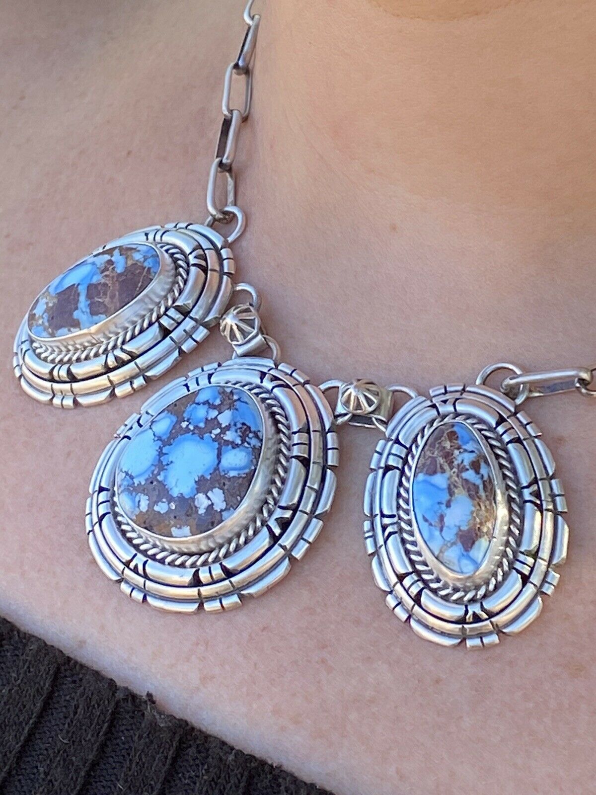 Handcrafted Golden Hills Turquoise & Sterling Silver Necklace Set by Larry Kaye