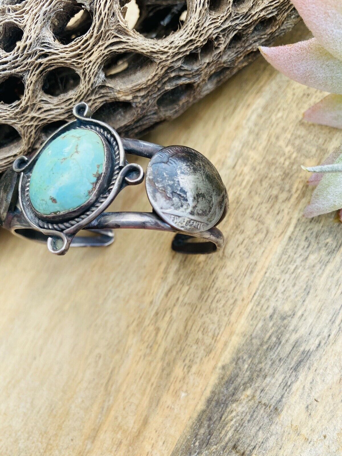 Handcrafted Vintage Turquoise & Sterling Silver Liberty Coin Cuff Bracelet