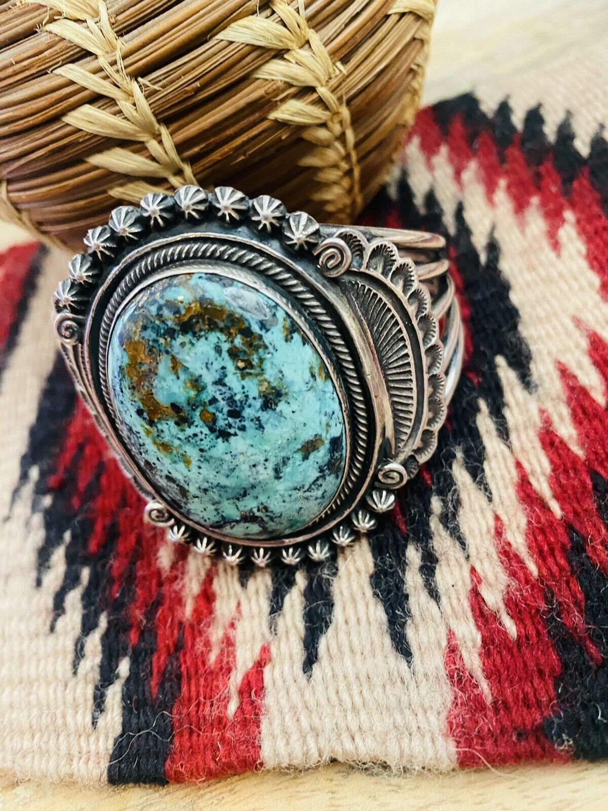 Handcrafted Vintage Turquoise & Sterling Silver Cuff Bracelet By Leon Martinez