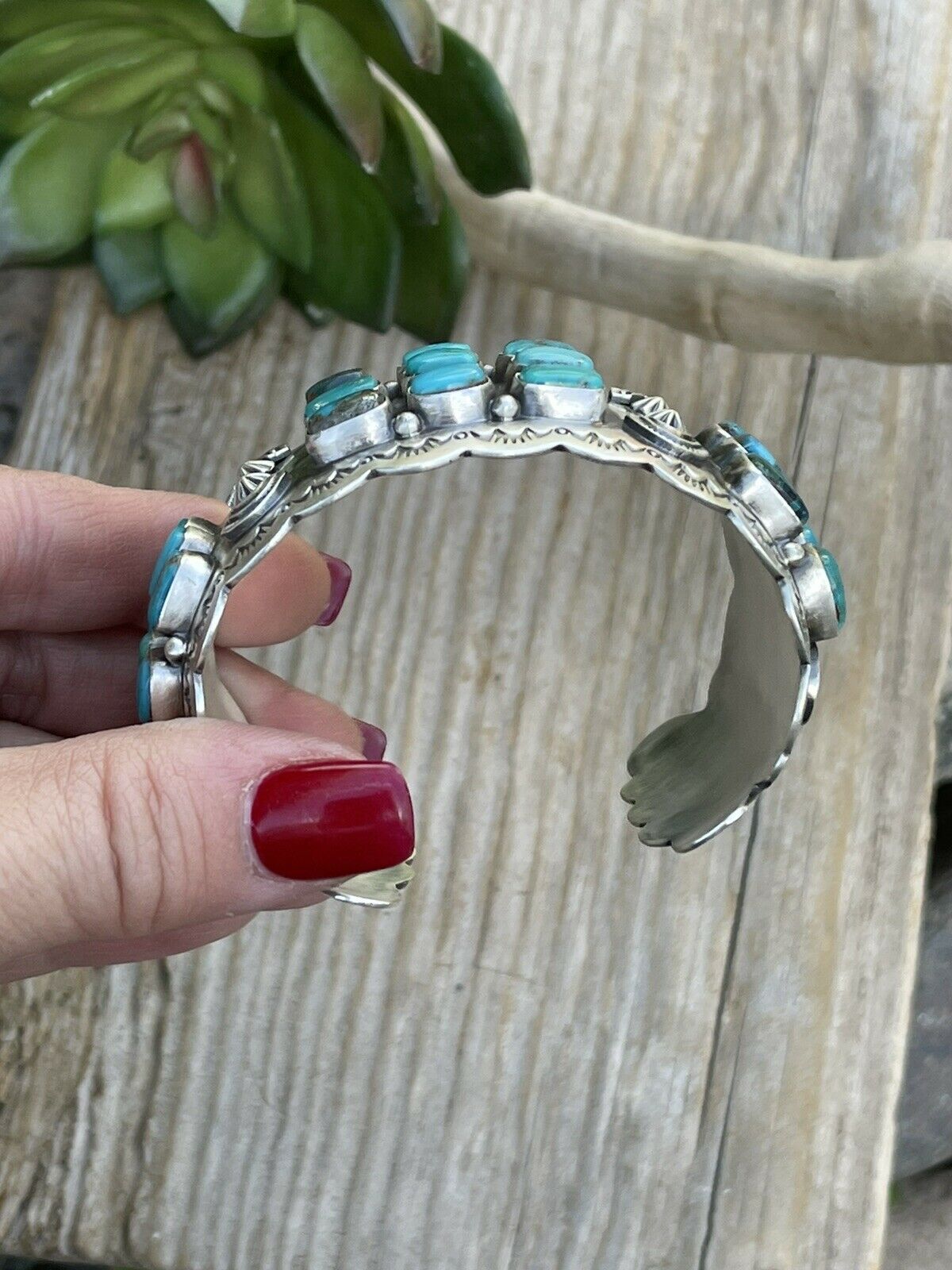 Stunning Turquoise Cluster & Sterling Silver Cuff Signed /