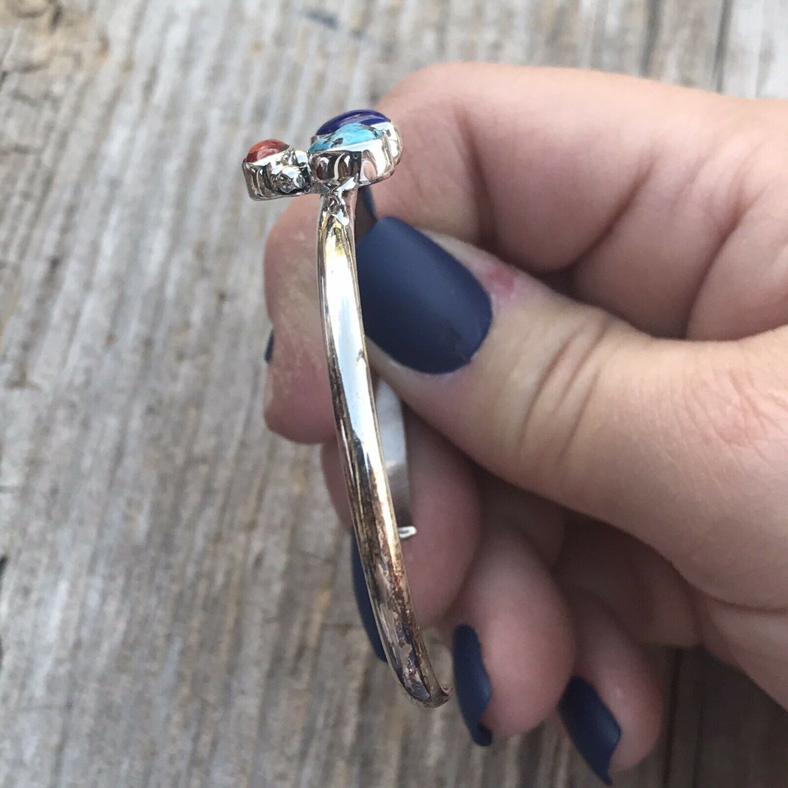 Handcrafted Multi Stone Lapis and Sterling Silver Bracelet Cuff Artist V. S