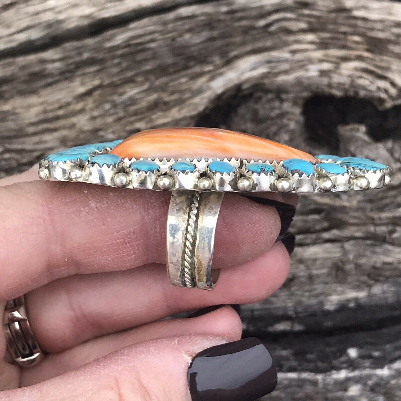 Handcrafted Sterling Silver, Turquoise & Orange Spiny Oyster Ring Sz 8