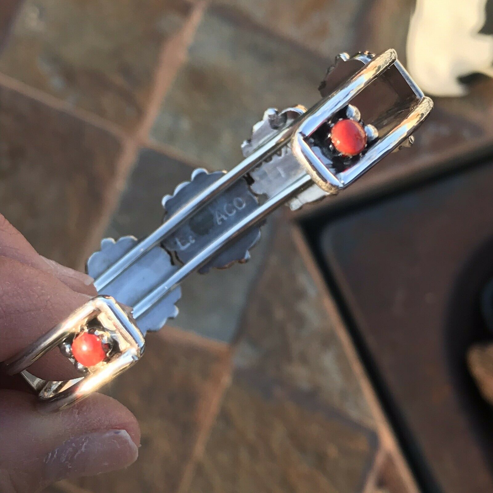 Handcrafted Coral & Sterling Silver Cuff Bracelet And Ring Set Signed And Stamped