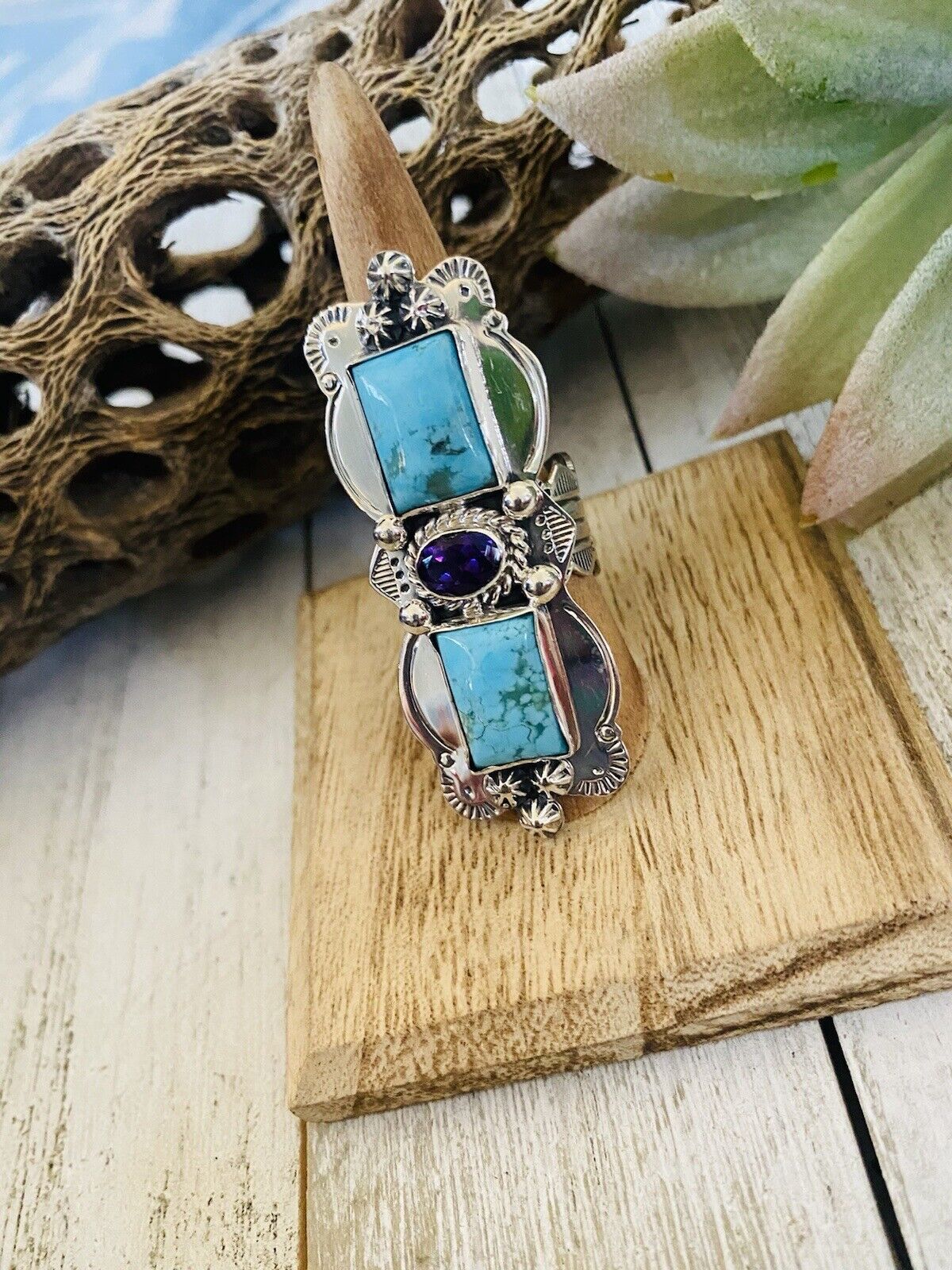 Handcrafted Kingman Turquoise, Amethyst & Sterling Silver Ring