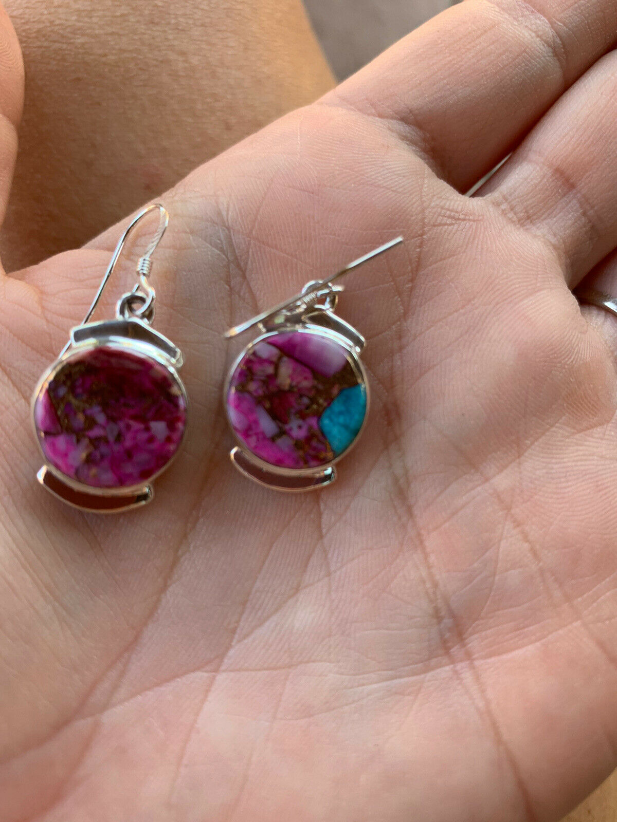 Handcrafted Pink Dream Mohave Sterling Silver Circle Dangle Earrings