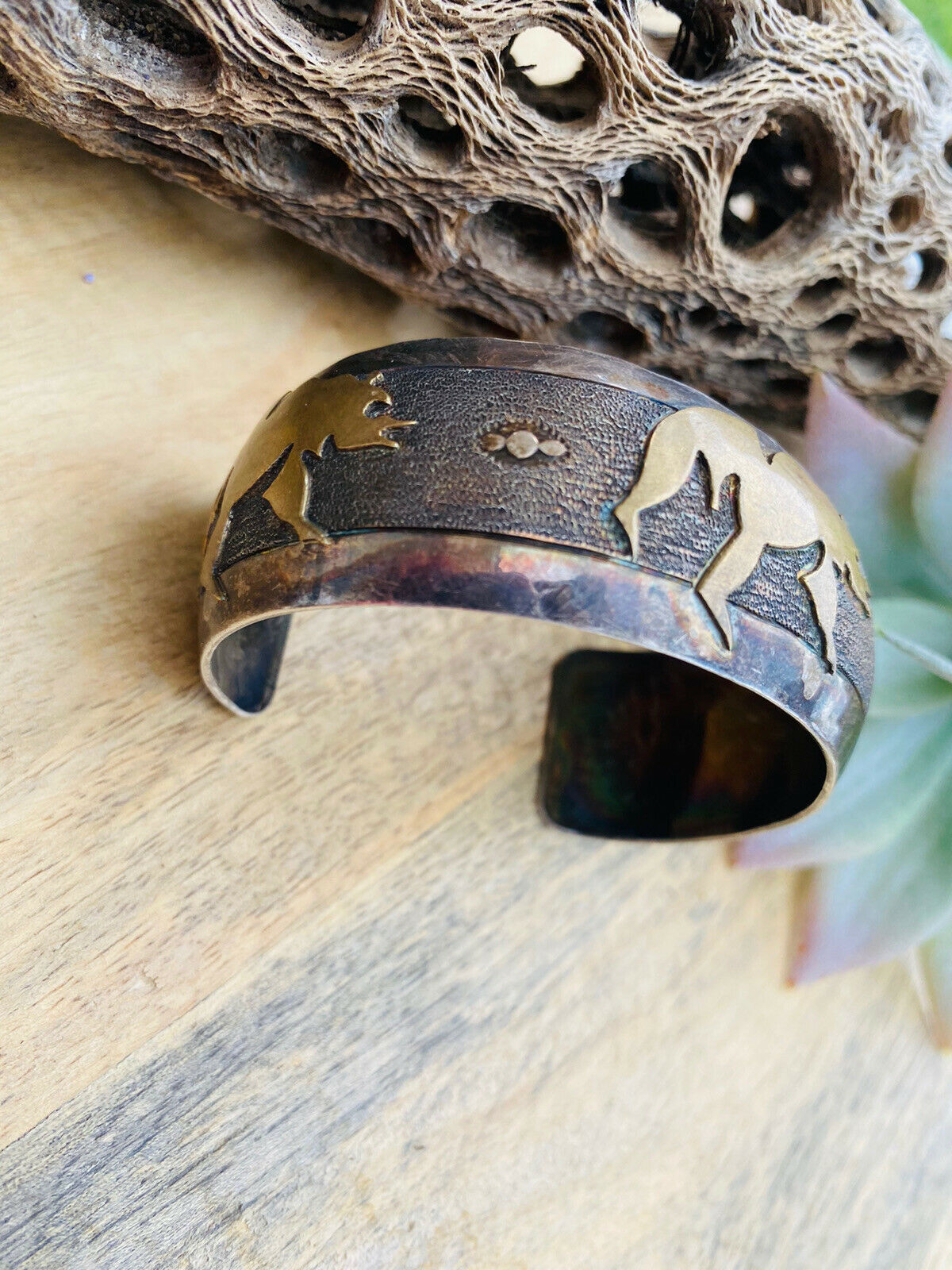 Handcrafted Vintage Sterling Silver & Copper Bear Cuff Bracelet Signed