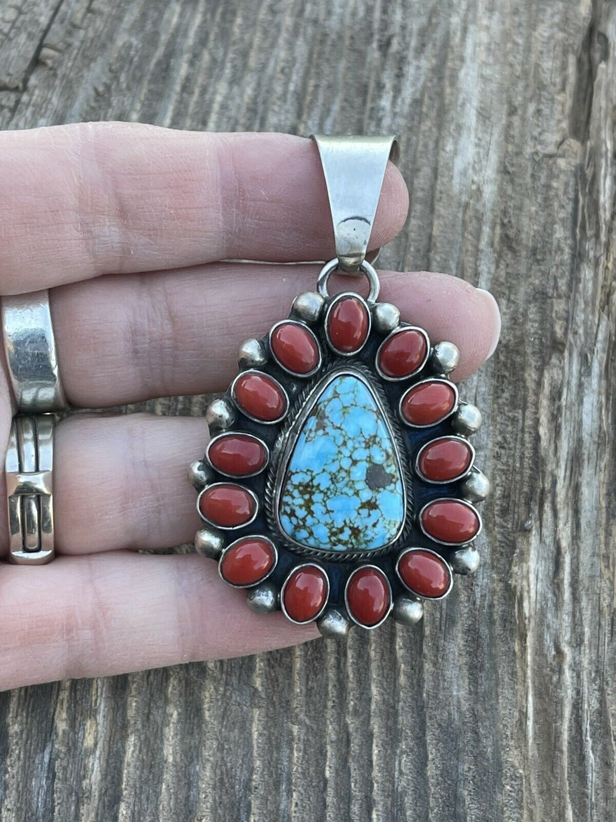 Handcrafted Sterling Kingman Web Turquoise & Red Coral Taos Pendant Kathleen Chavez