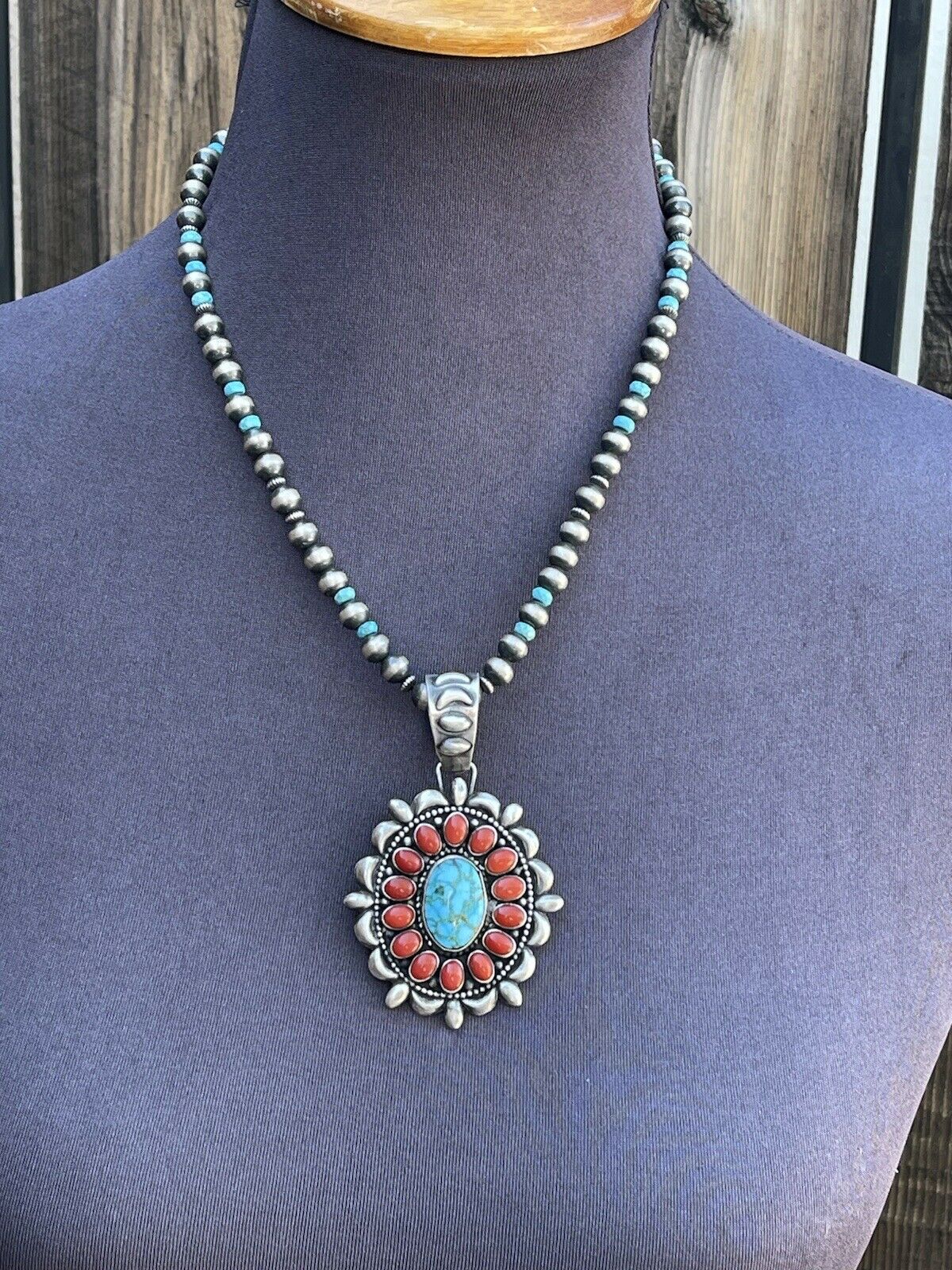 Handcrafted Kingman Web Turquoise & Red Coral Taos Ornate Pendant D. Clark