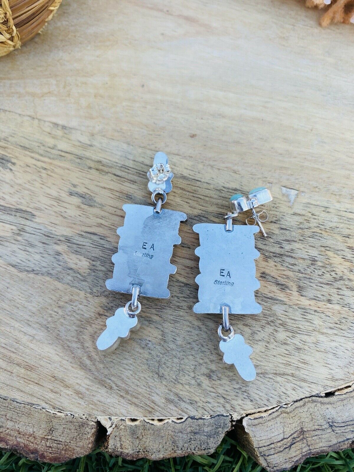 Handcrafted Turquoise & Sterling Silver Cluster Dangle Earrings Signed