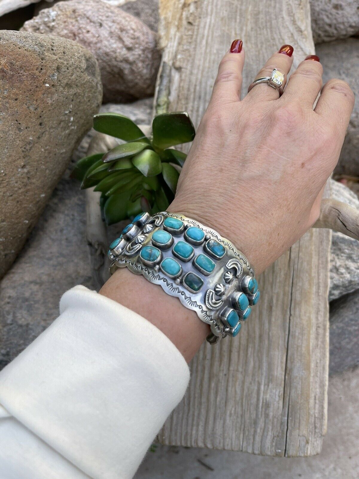 Stunning Turquoise Cluster & Sterling Silver Cuff Signed /