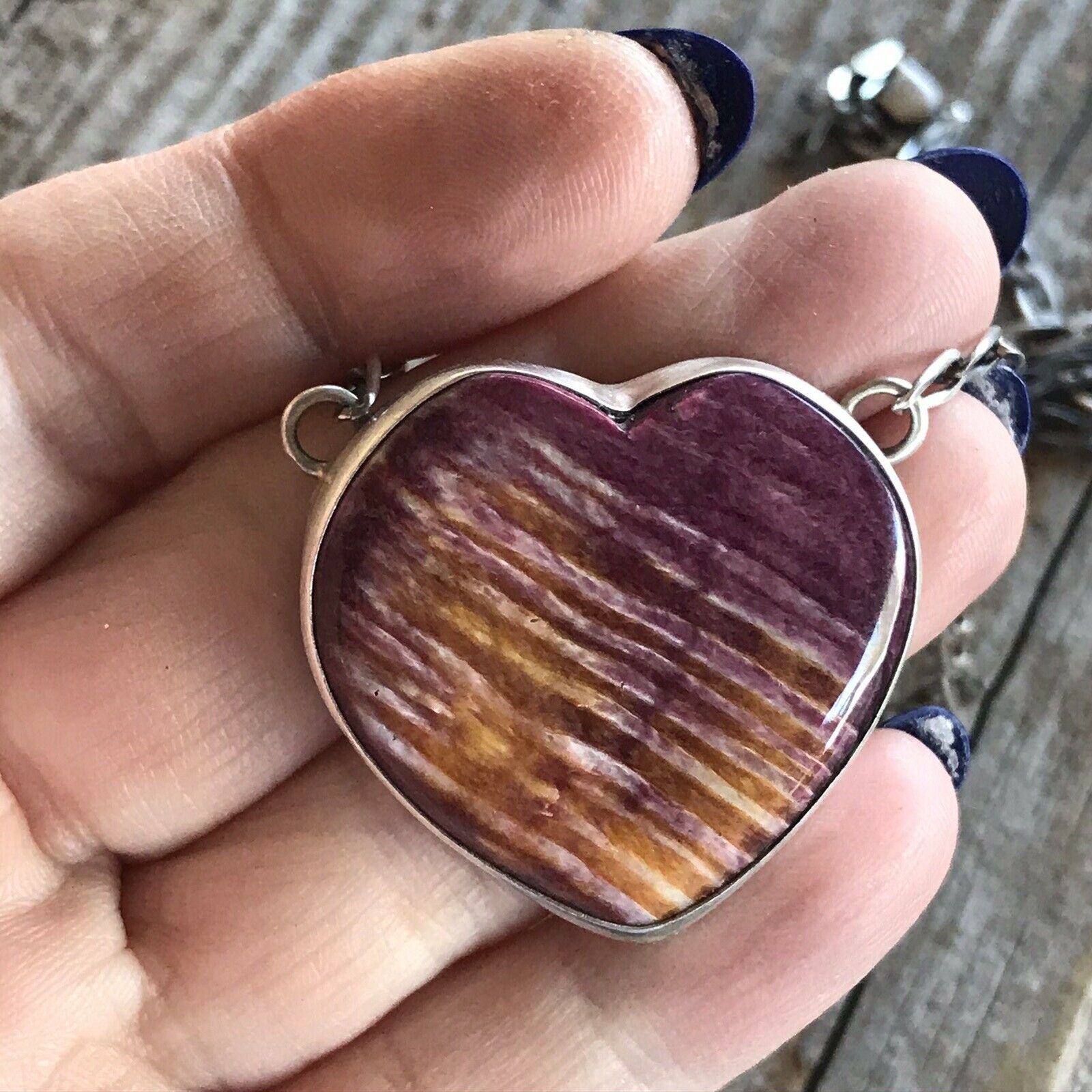 Handcrafted Purple Spiny And Sterling Silver Heart Necklace Signed