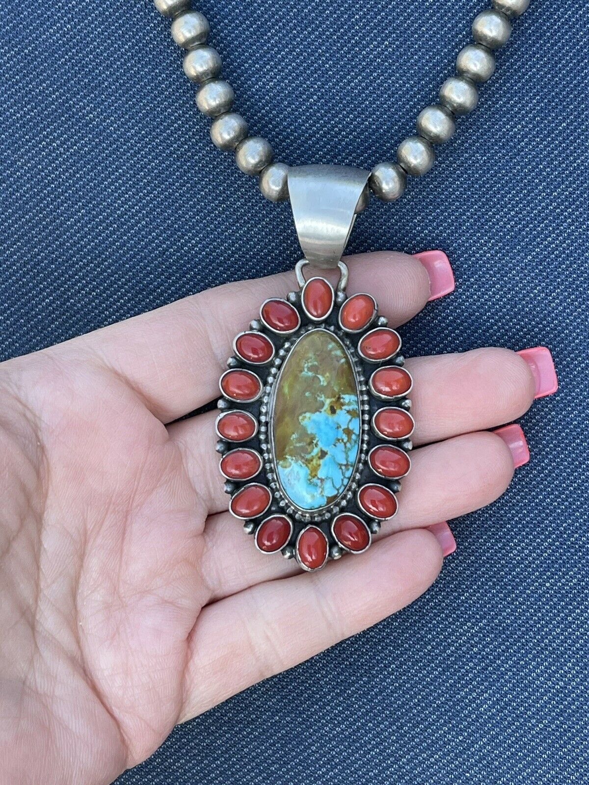 Handcrafted Sterling Silver Kingman Web Turquoise & Red Coral Taos Cluster Pendant