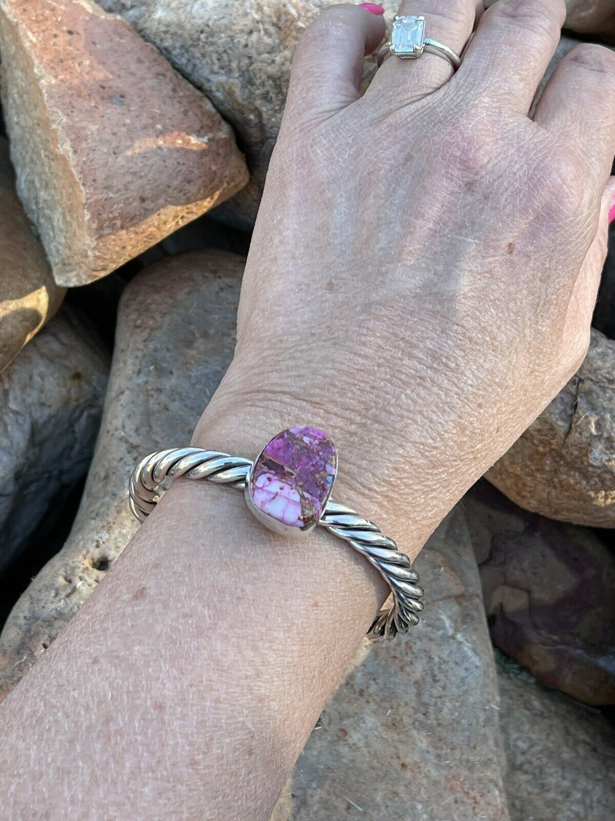 Handcrafted Pink Dream Mojave Sterling Silver Solid Twist Cuff