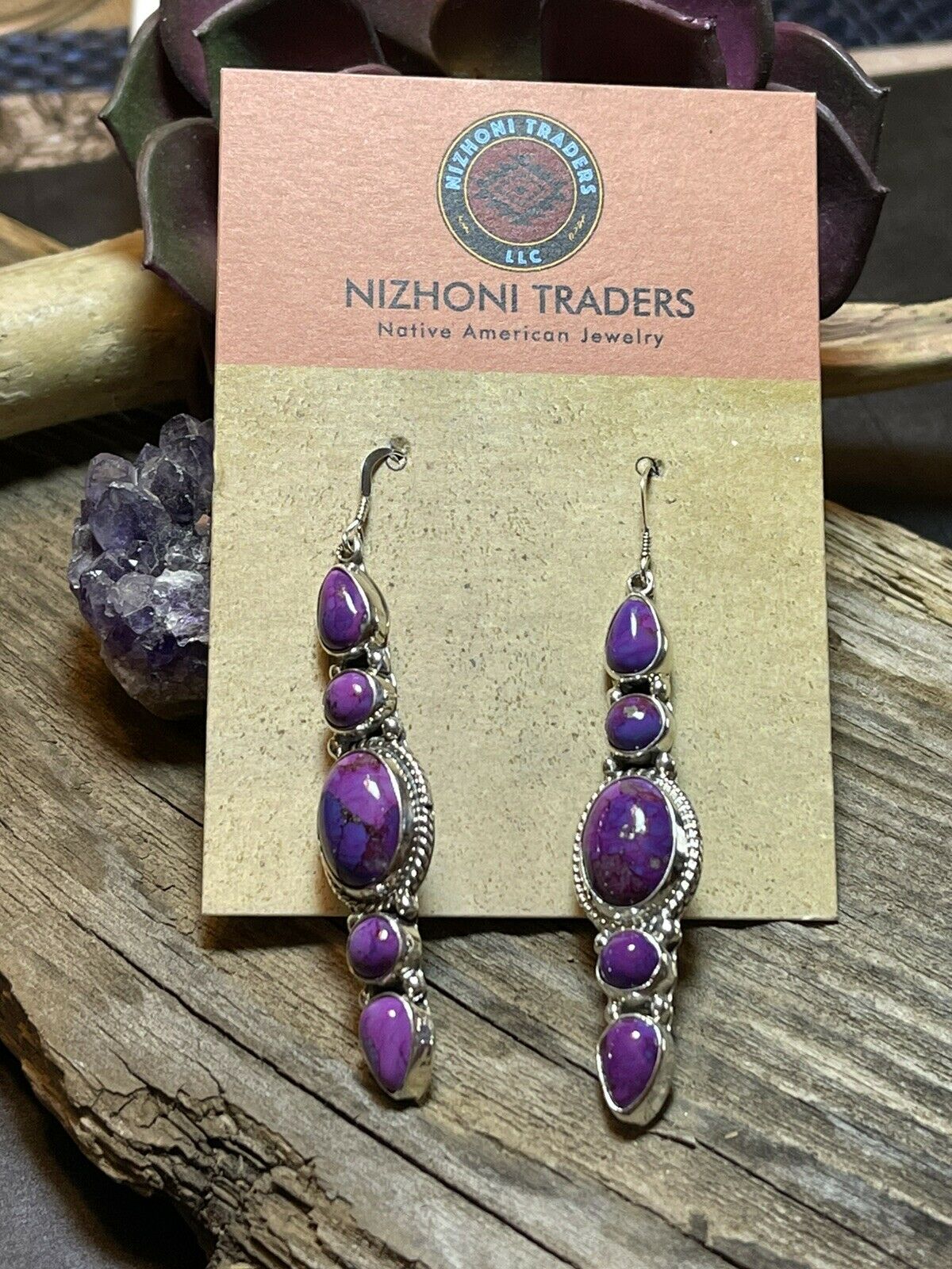 Handcrafted Sterling Silver Purple Mojave Dangle Fancy Earrings Signed