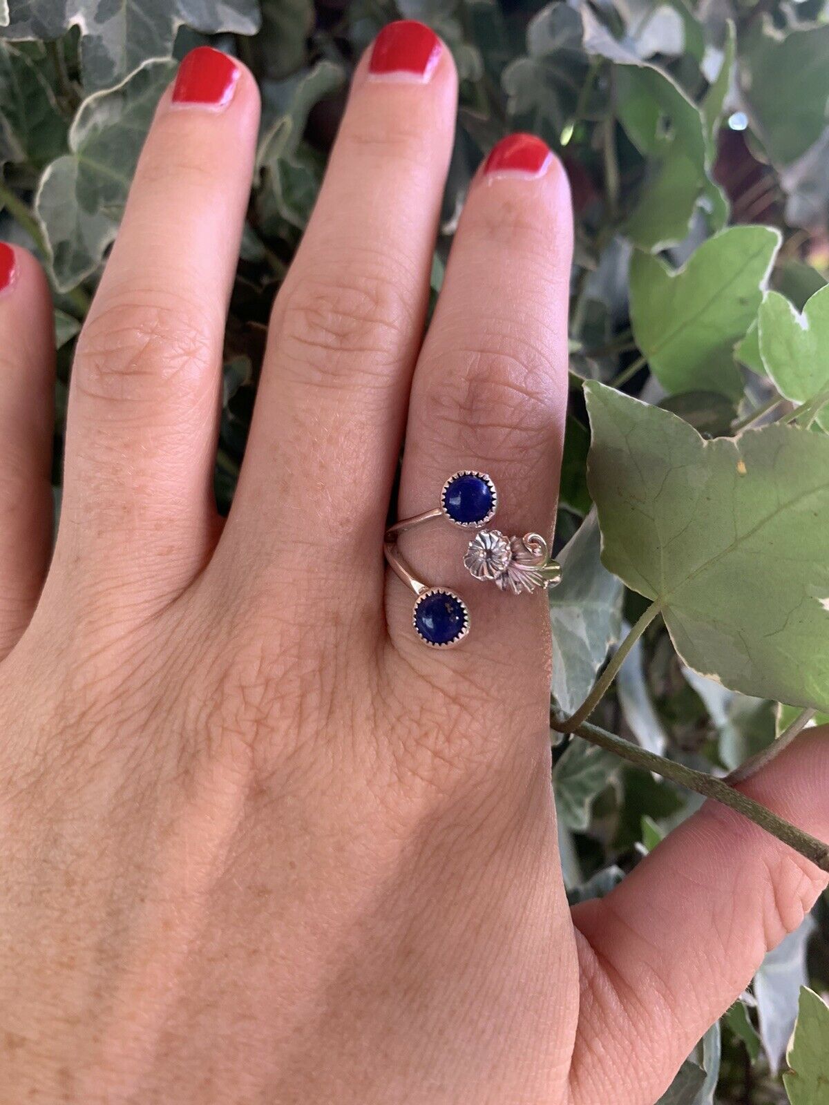 Handcrafted Lapis Sterling Silver Adjustable Flower Ring