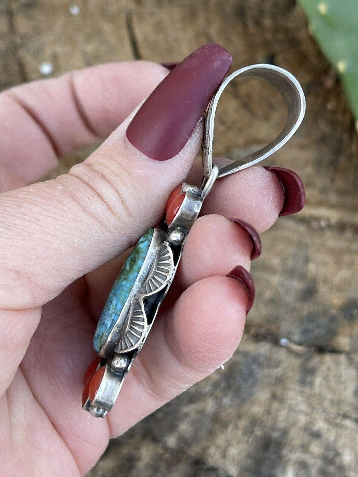 Handcrafted Sterling Kingman Web Turquoise & Red Coral Pendant Taos Collection