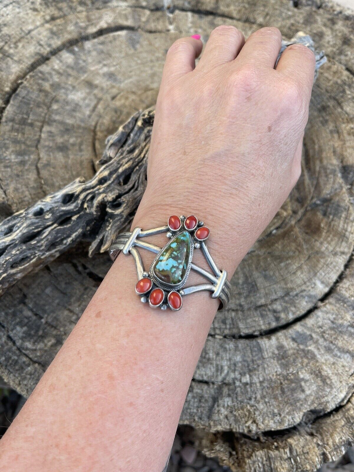 Navajo Sterling Kingman Web Turquoise & Red Coral Taos Bracelet Cuff by Bobby Johnson /