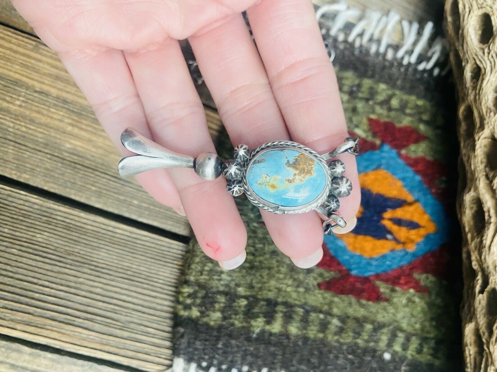 Handcrafted Sterling Silver & Royston Turquoise Blossom Necklace Signed