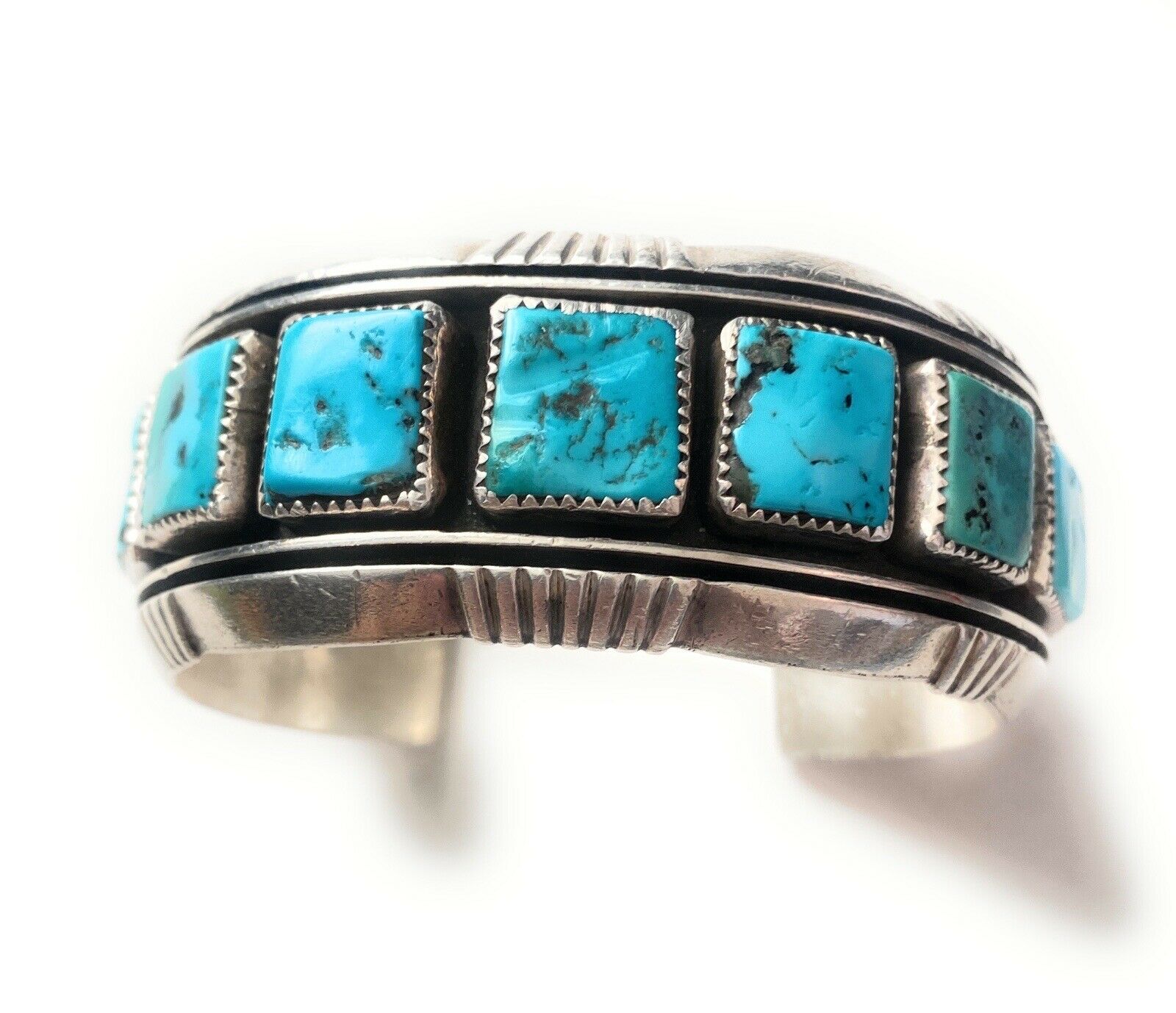 Handcrafted Kingman Turquoise, Coral & Sterling Silver Cuff Bracelet Signed /
